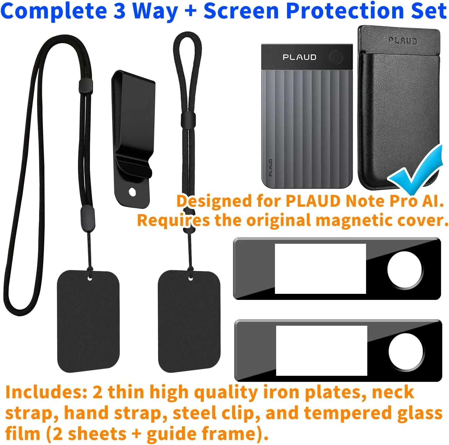 PLAUD Note Pro Screen Protector (2Pcs) + Carrying Accessory Set, 9H Tempered Glass with Black Frame for Curved Screen, Anti-Drop Neck Lanyard Hand Strap Clip