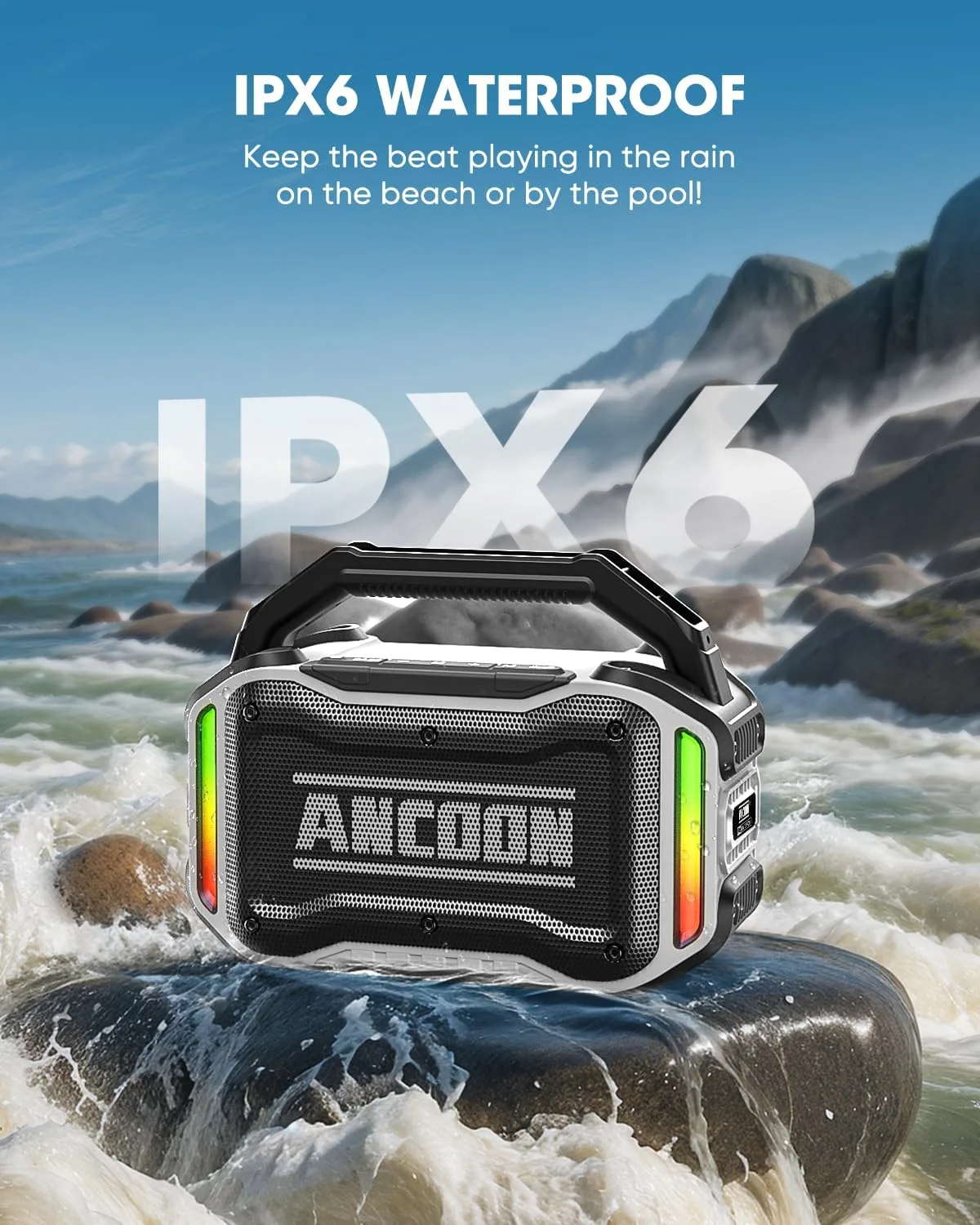 ANCOON Speakers Bluetooth Wireless: 80W(Peak) Loud Speaker with Bass, 20H Playtime, IPX6 Waterproof, Large Jobsite Speakers for Work, Outdoor, Workshop, Garage, Portable Speaker with TWS (White)