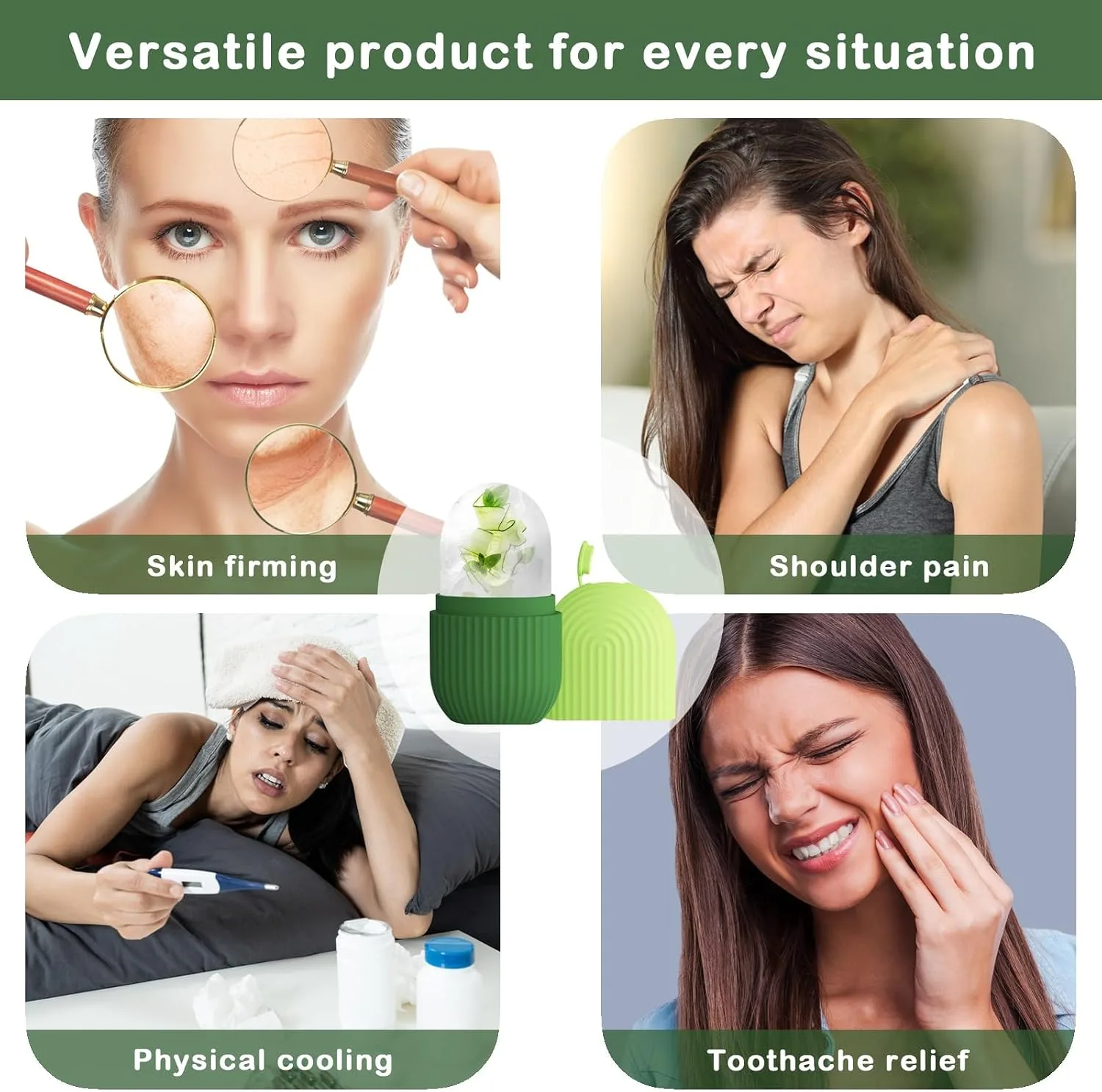 XHJRI Ice Roller Massager for Face, Eyes and Neck - Naturally Condition Skin, De-Puff Eye Bags, Reduce Migraine Pain - Reusable Silicone Ice Mold (Green)