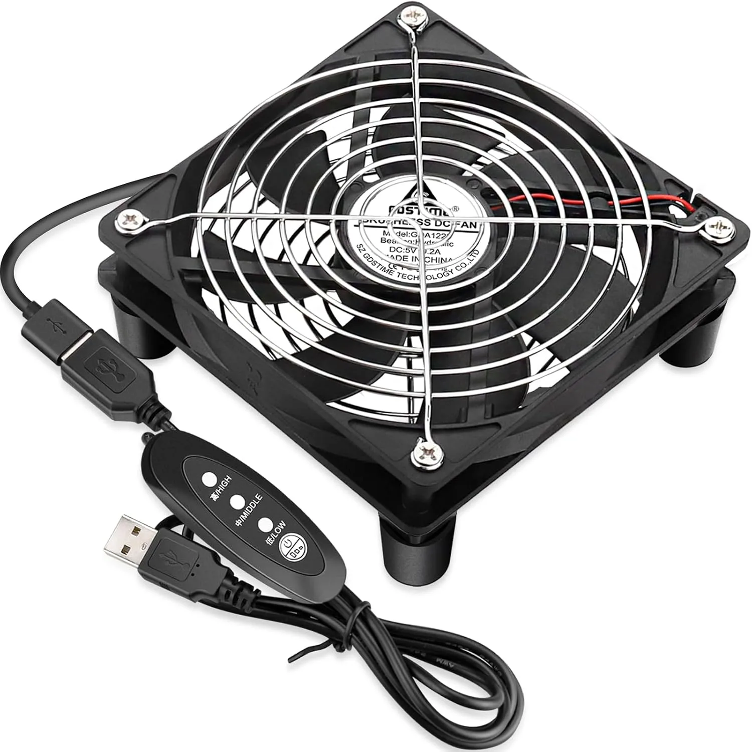 GDSTIME 120mm USB Computer Fan w/L/M/H Speed Controller, DC 5V USB Powered