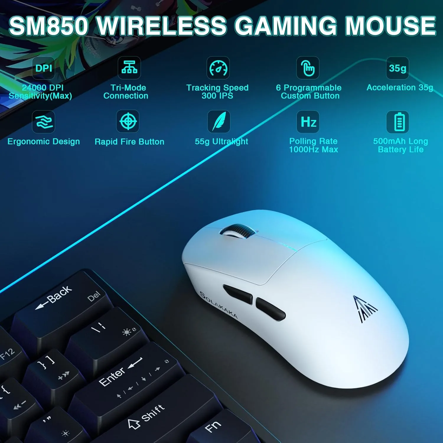 SOLAKAKA SM850 Gaming Mouse Wireless 24000 DPI Lightweight PC Gamer Mice