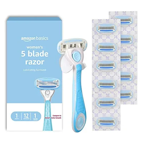 Maquinilla de afeitar Amazon Basics 5 hojas para mujer con 12 cartuchos y soporte de ducha