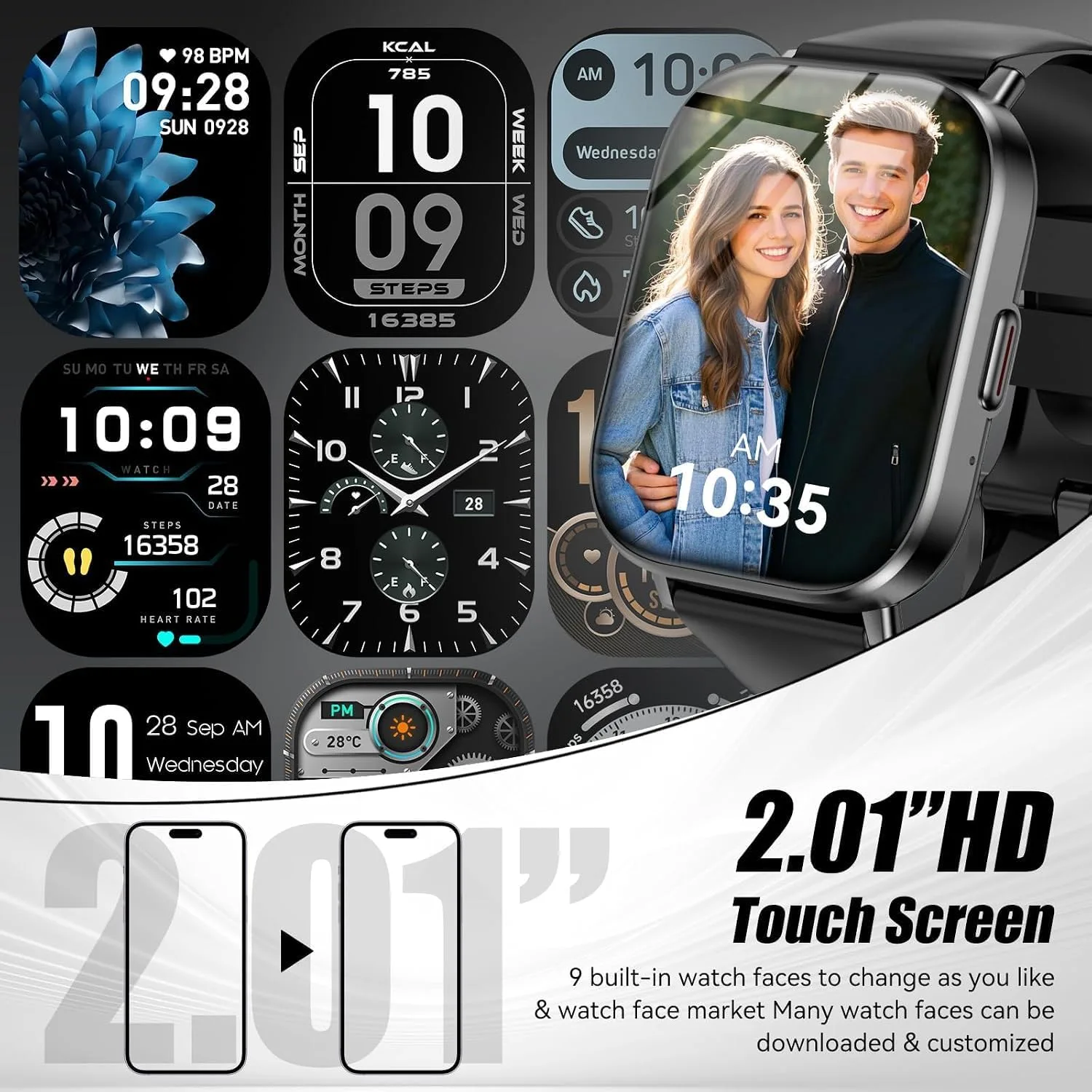 Smart Watch for Men Women, 2.01" HD Fitness Trackers with Heart Rate and Sleep Monitor, Bluetooth Calls & Notifications, 120+ Sport Modes, IP67 Waterproof, Compatible with Android & iOS, Black