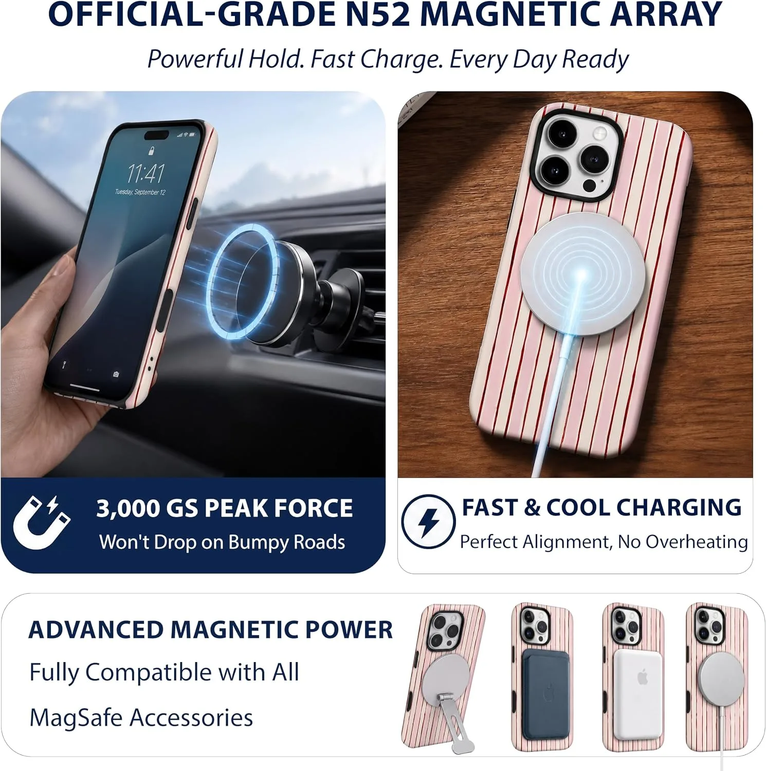 Magnetic for iPhone 16 Pro Phone Case, Cute Pink & White Striped