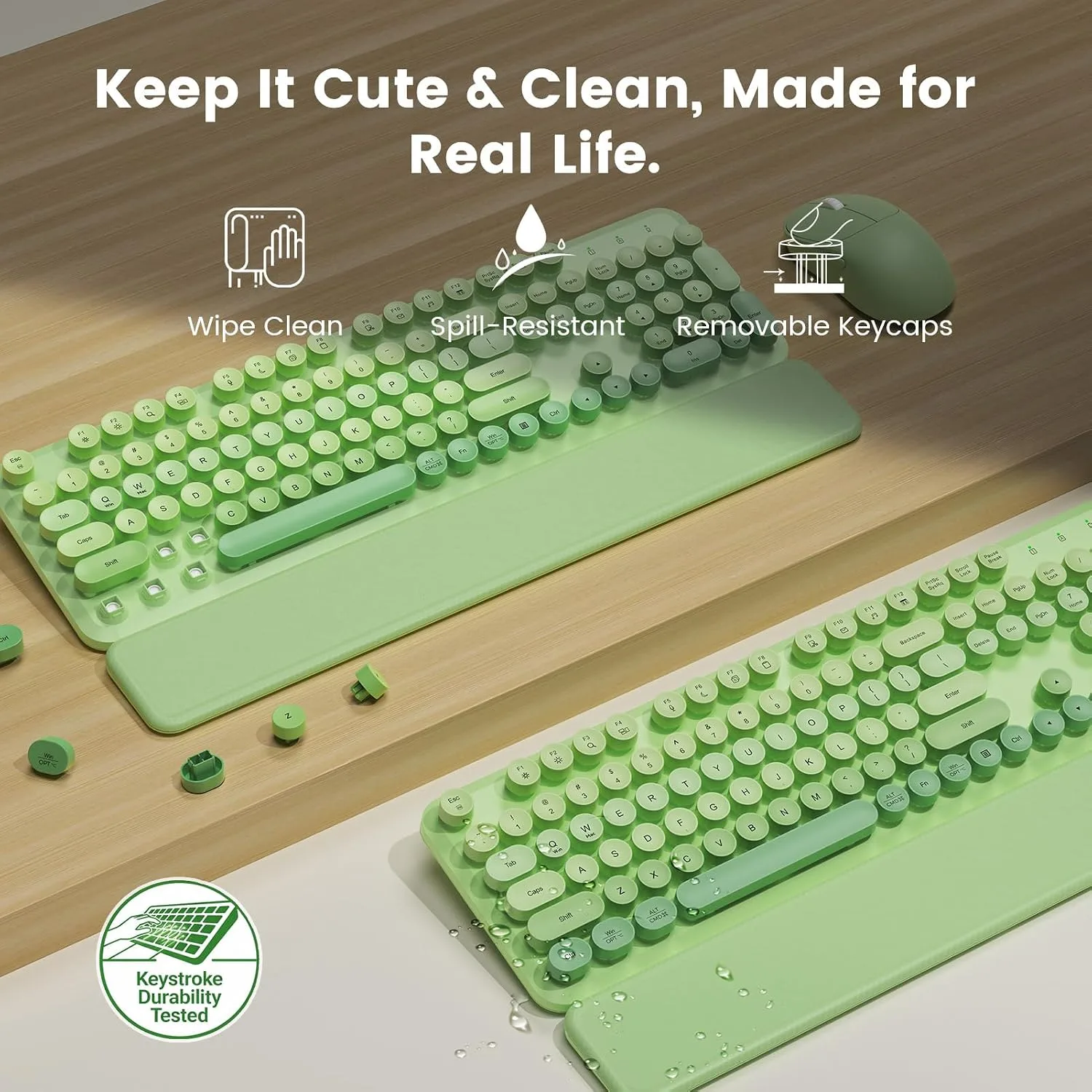 Wireless Keyboard and Mouse Combo, Magnetic Soft-Touch Wrist Rest, Round Keycaps, Full-Size Retro Typewriter Keyboard, 2-Stage Tilt Legs, Auto Sleep, 2.4GHz Cordless for Windows PC (Green Ombre)