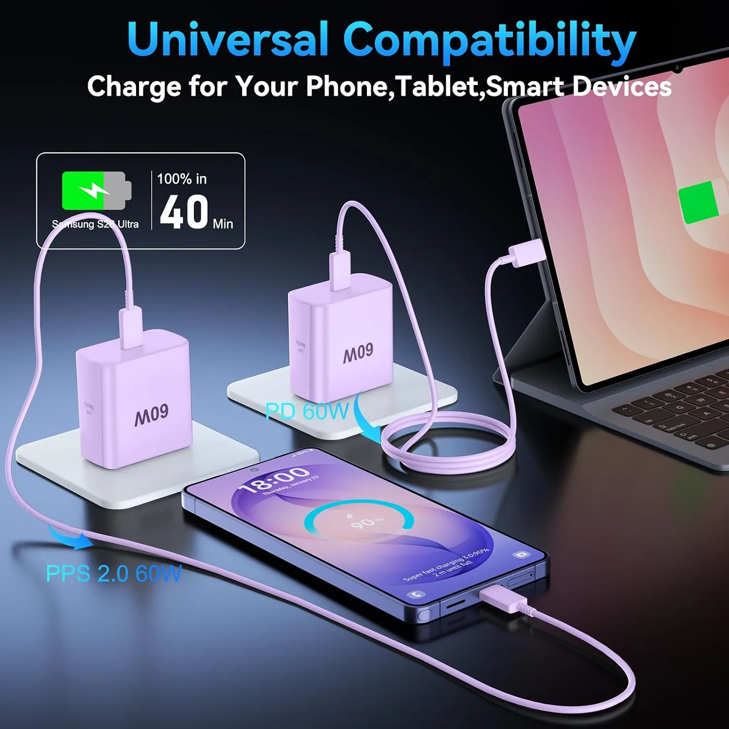 Super Fast Charger Type C 60W USB C Fast Charger Block with 10FT Extra Long Type-C Charging Cord-Super Fast Charging 3.0 for Samsung Galaxy S26 Ultra/S26/S26+/S25 /S24/S23 Ultra-Light Purple