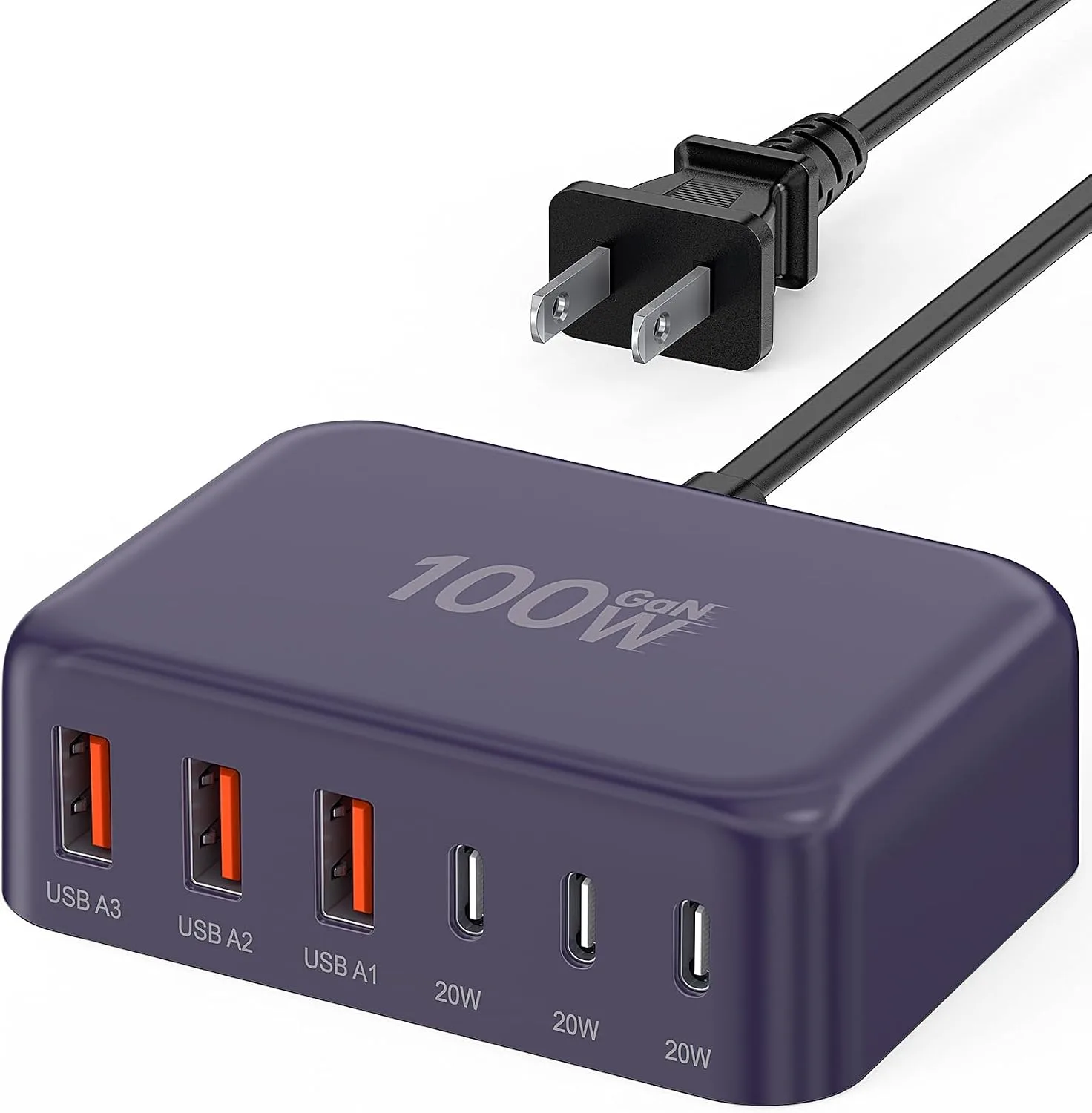 USB Fast Charger Block 50% Smaller 100W Max 6-Port GaN USB Charging Station