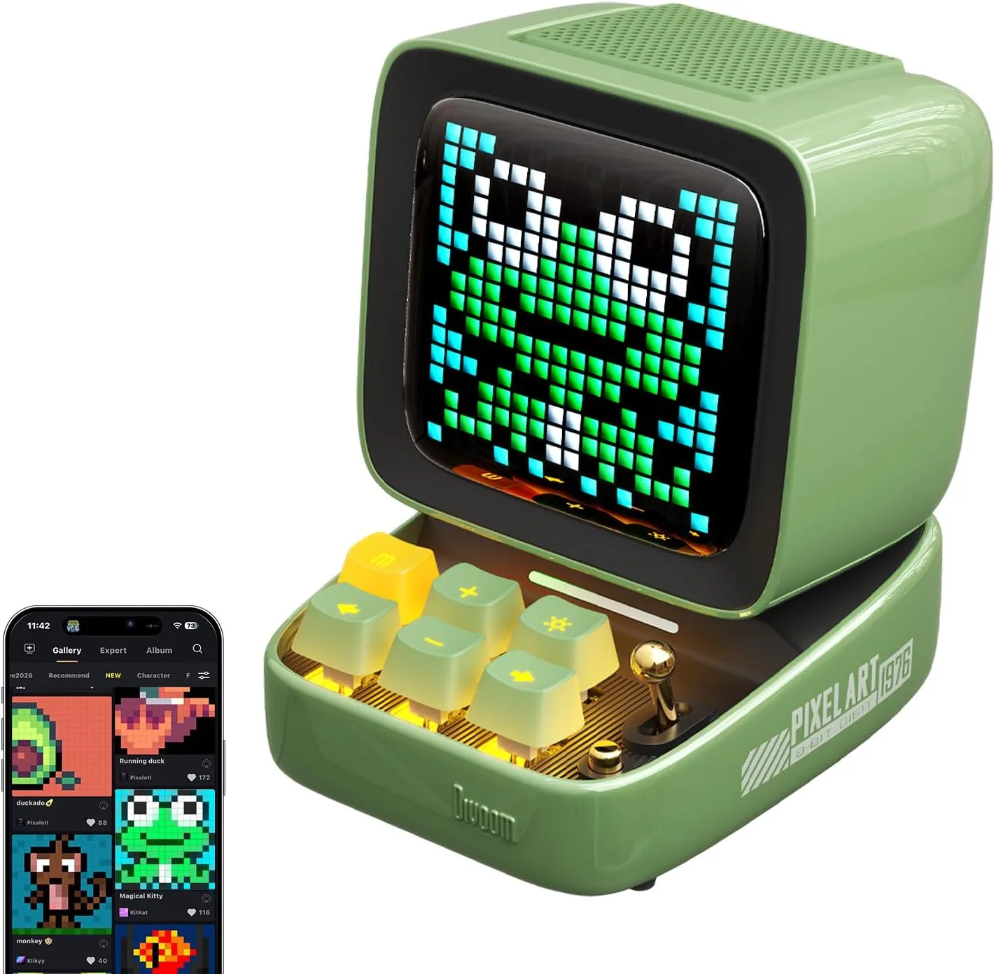 Divoom Ditoo Retro Pixel Art 15W Bluetooth Speaker,Cute Speaker with Alarm, White Noise & Mini Games,Iconic Desk Setup Speaker with 16X16 LED App Controlled Front Screen,Gifts for Anyone (Green)