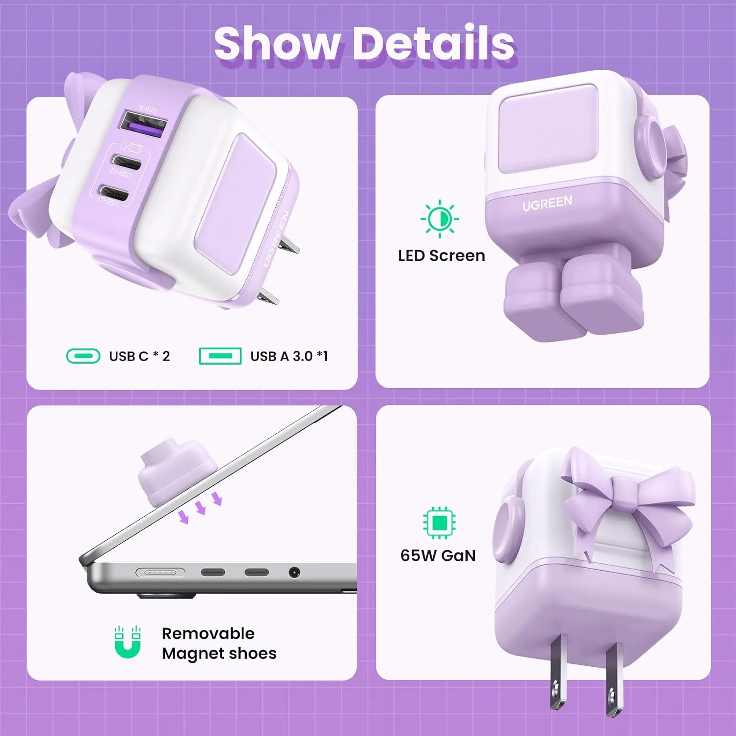UGREEN Uno 65W 3-Port USB C Charger, GaN Fast Charging Block, Purple