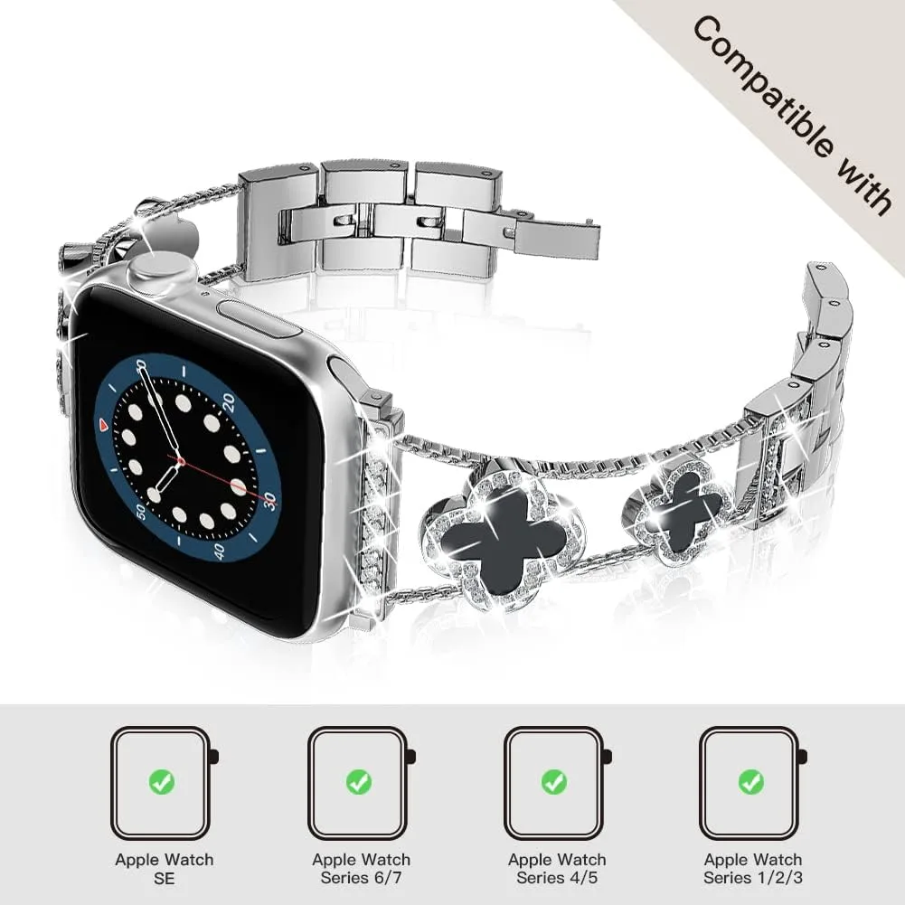 Musk-MSKR Diamond Metal Bands Add Sparkle to Your Watch For Apple Watch Series 12/11/10/9/8/7/6/5/4/3/2/SE/Ultra Clover Simple and Stylish Compatible with 38mm40mm41mm42mm44mm45mm 46mm49mm Women's Wear