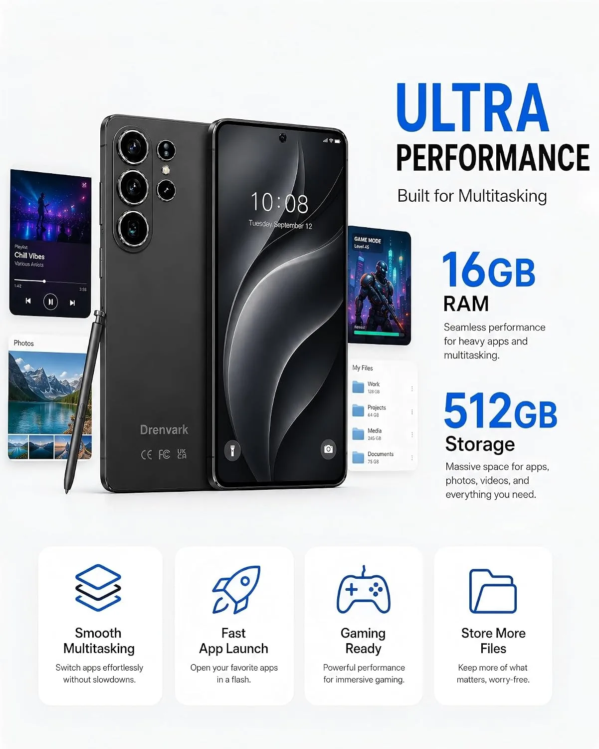 26 Ultra Android Phone,16GB+512GB Unlocked Phone, Android 16 Smartphone with Stylus, 7000mAh Titanium Battery, 50MP Camera, Dual SIM Dual Standby, Face Locked-Black