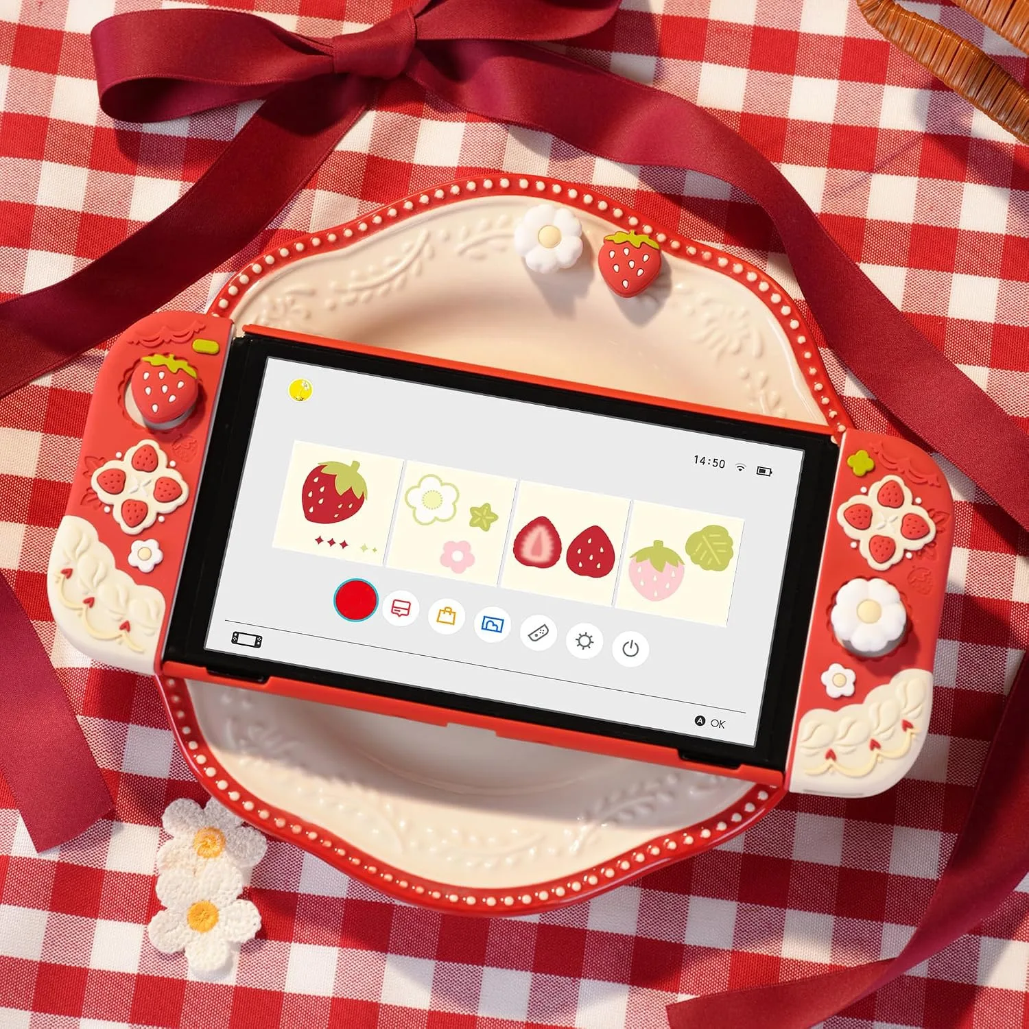 GeekShare Protective Case for Switch OLED Slim Cover Case Compatible with Switch OLED Separable Soft Silicone Protective Shell for Joystick with 2 Thumb Grip Caps - Strawberries with Cream