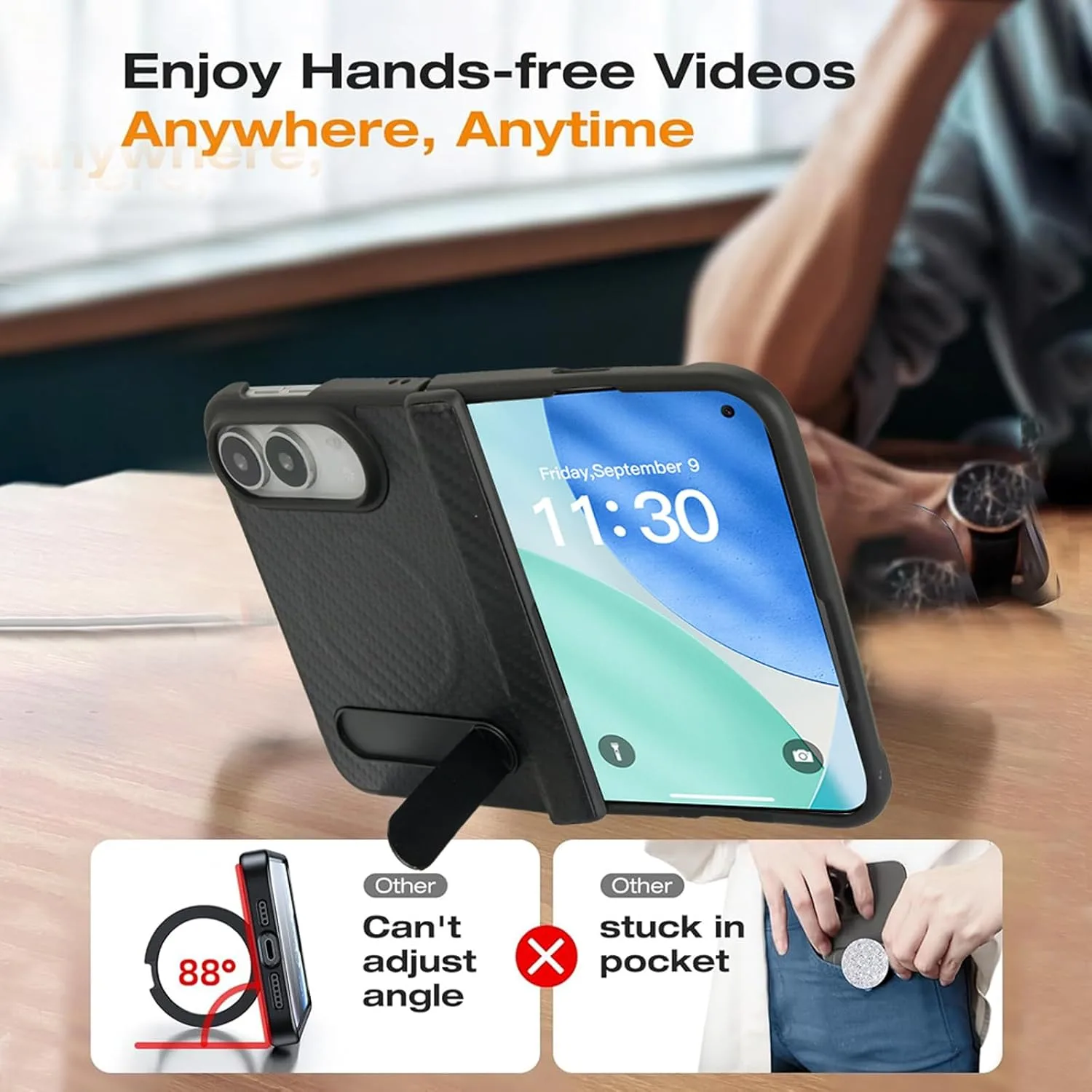Magnetic Stand for iPhone Duo/Ultra Case Compatible with MagSafe, Built-in Screen Protector & Kickstand & Spring Hinge Protection, Carbon Fiber Texture Leather Phone Cover for iPhone Duo Black