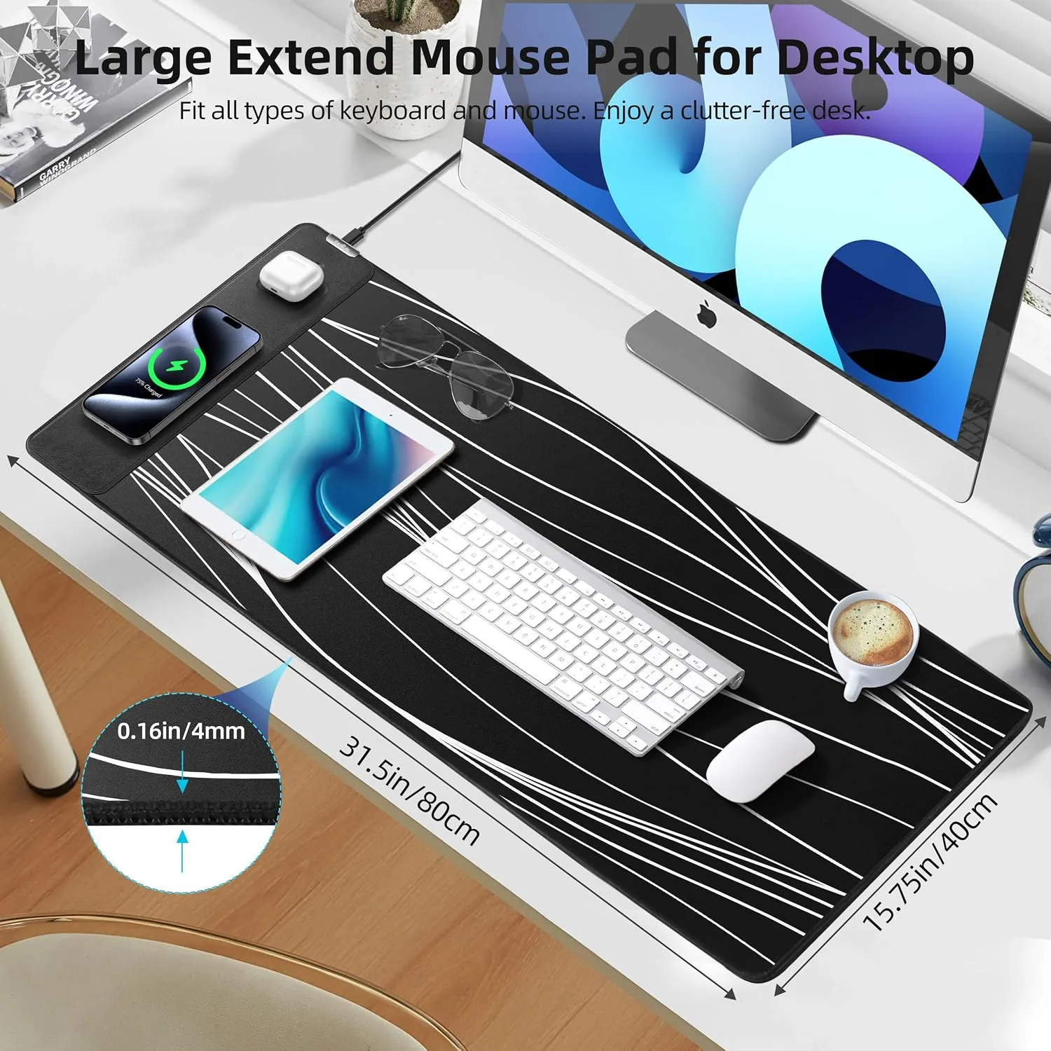 Mouse Pad with Magnetic Wireless Charging, 31.5"x15.8" XXL Desk Mat