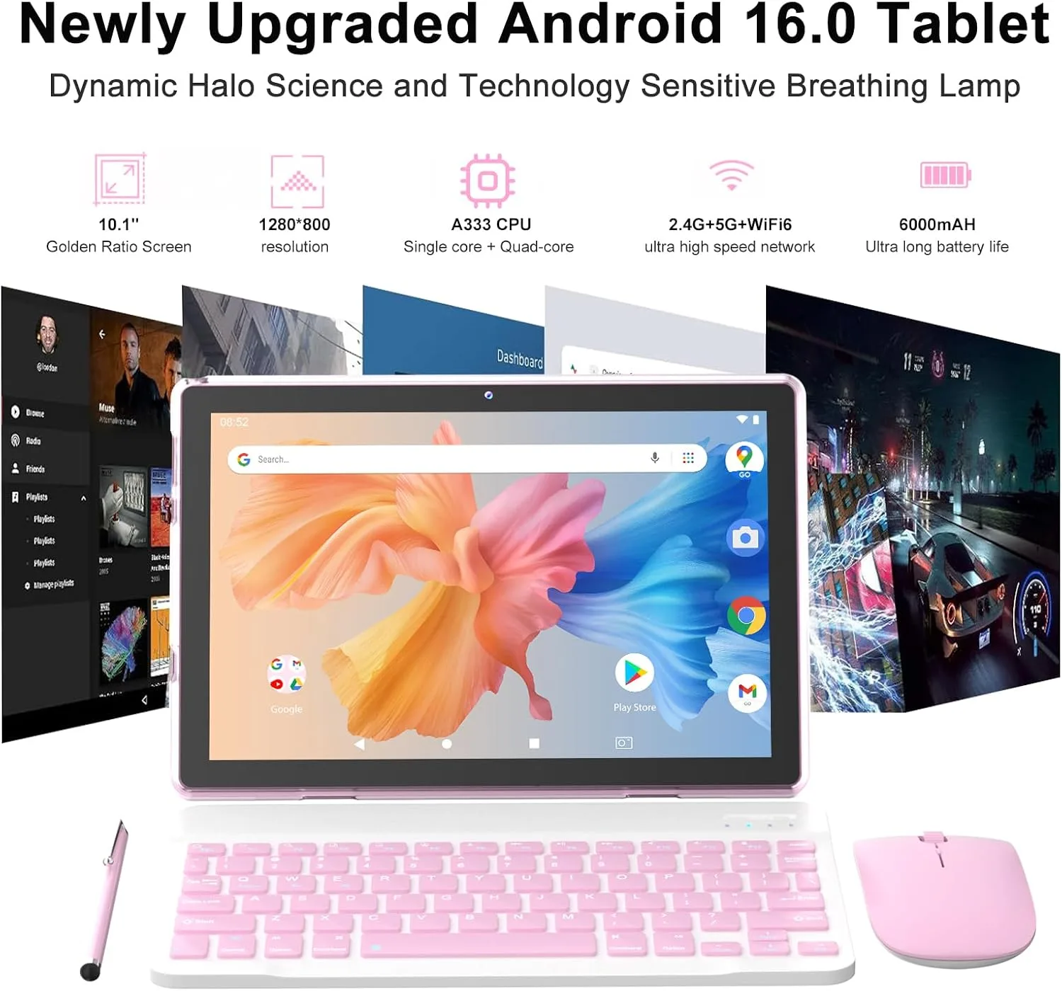 Android 16 Tablet 10 Inch, 12(3+9) GB RAM+64GB ROM, 2 in 1 Tablets with Keyboard Case Mouse Stylus, 2.0GHz Five-core Processor, 1280 * 800 IPS HD Screen, 5G WiFi6 BT 5.3 Tableta PC