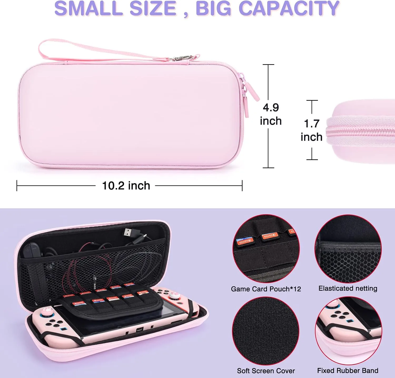 DLseego Pink Switch Case Set Carrying Case with 10 Slots Cute Protective Dockable Hard Shell with 4PCS Lovely Cat Paw Thumb Grips Caps and 1PC Flower Blossom Chain for Switch 2017 Version