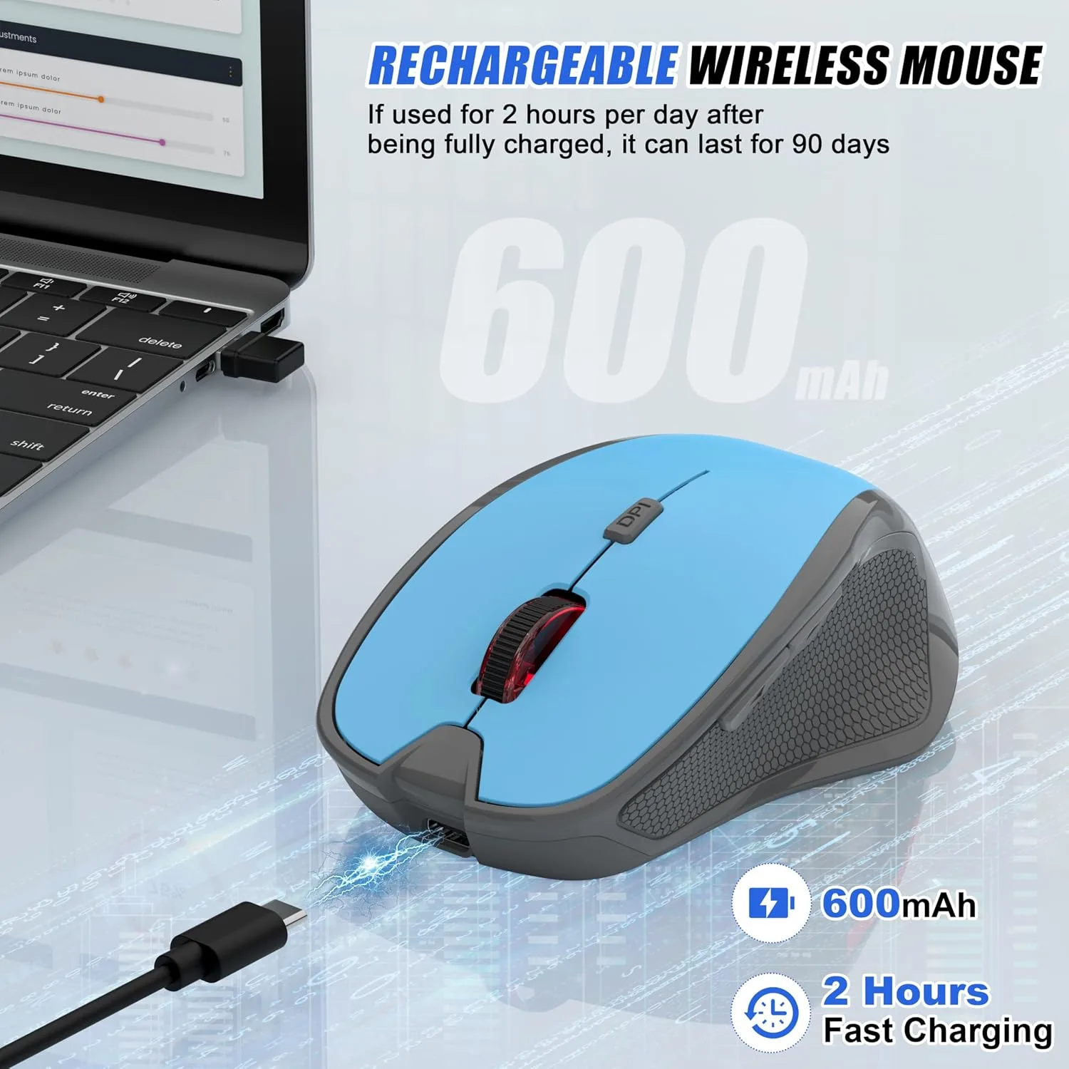 Wireless Bluetooth Mouse for iPad Pro MacBook, Ergonomic Rechargeable Mice with Jiggler Mode, 2-Mode Bluetooth 5.2/3.0 & 2.4G USB-A/USB-C Receiver, Silent Optical Mouse for Mac PC Laptop, Blue