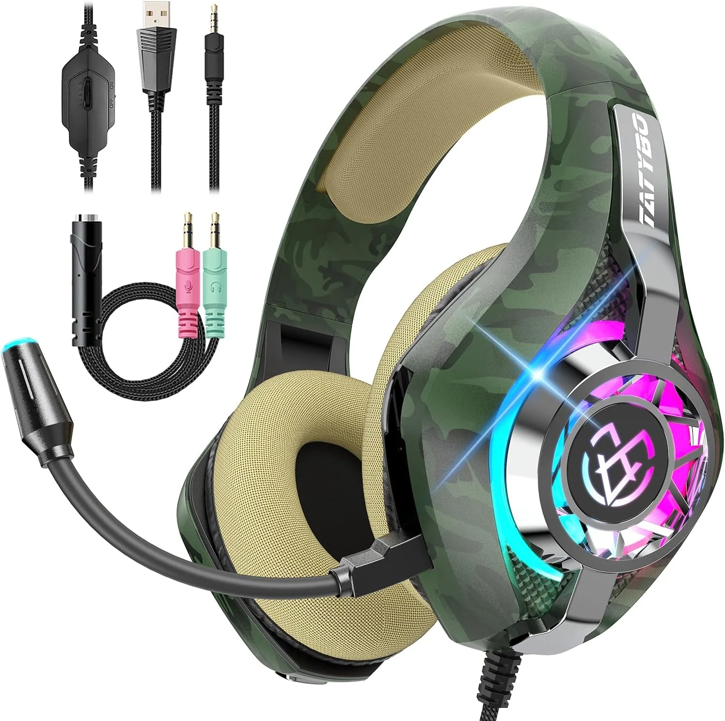 Tatybo Gaming Headset for PS5 PC, Noise Canceling Mic, RGB, Camo