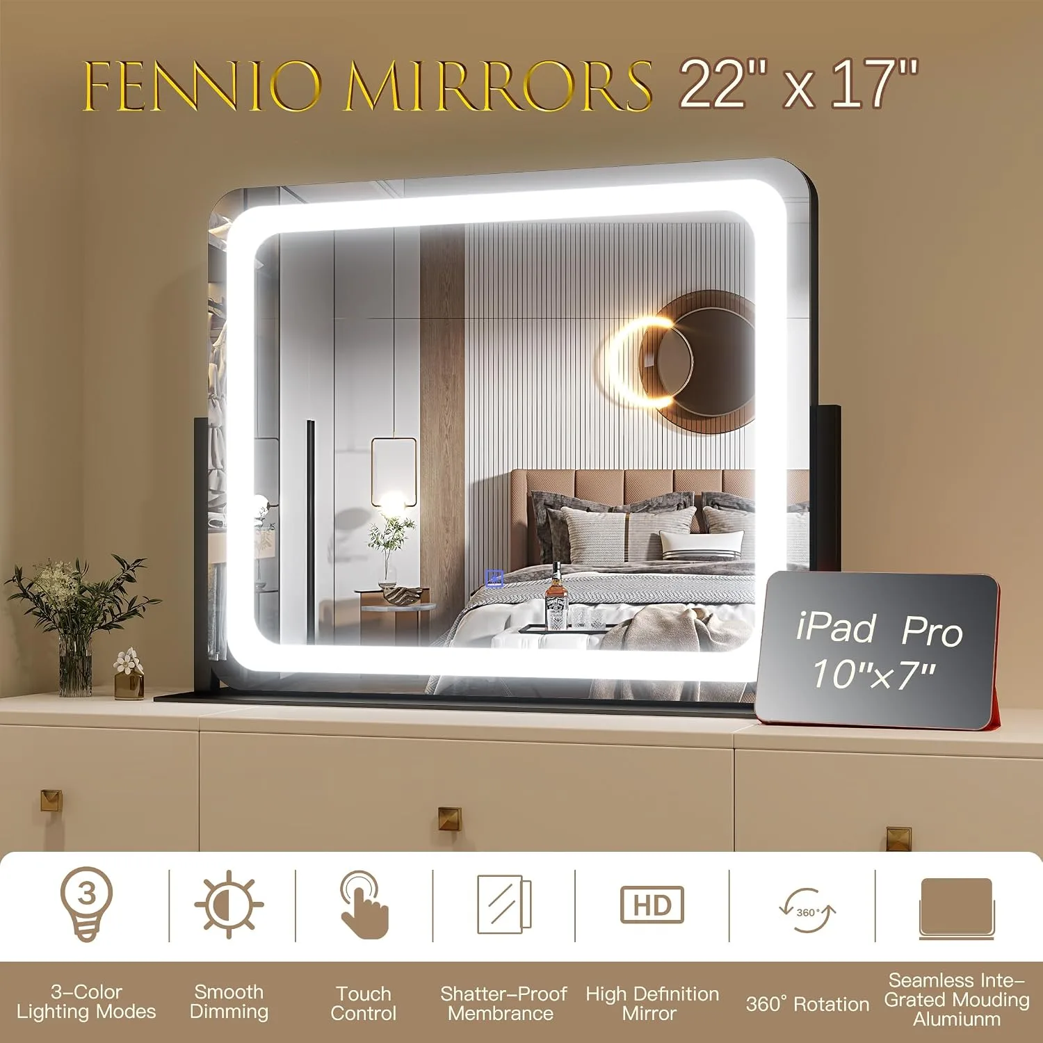 FENNIO Vanity Mirror with Lights 22"x17",LED Lighted Makeup Mirror,Large Makeup Mirror with Lights,Touch Screen with 3-Color Lighting,Led Mirror Makeup,Dimmable,for Vanity Desk Tabletop,Bedroom