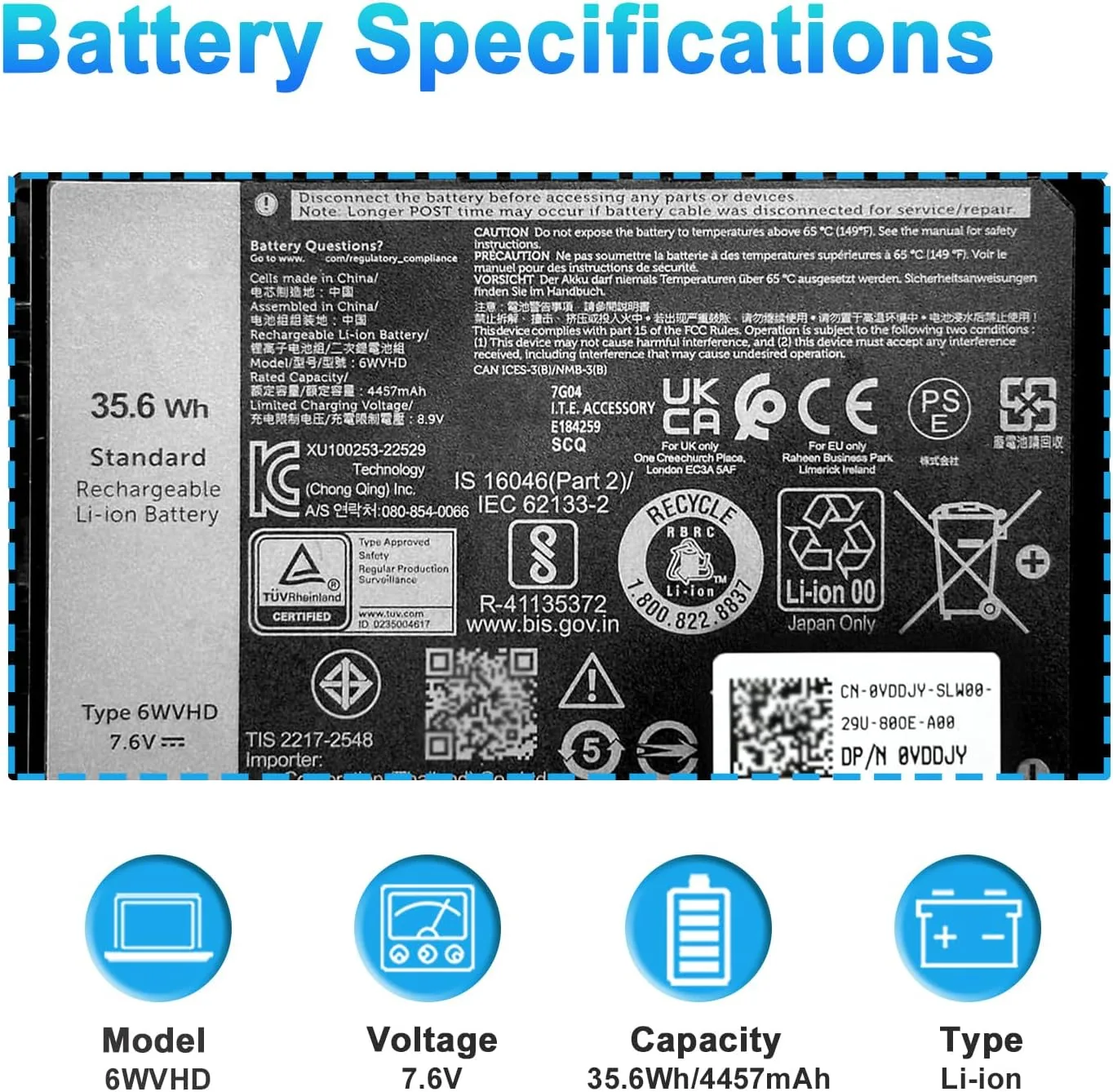 6WVHD Laptop Battery for Dell Latitude 7230 Rugged Extreme Tablet Series
