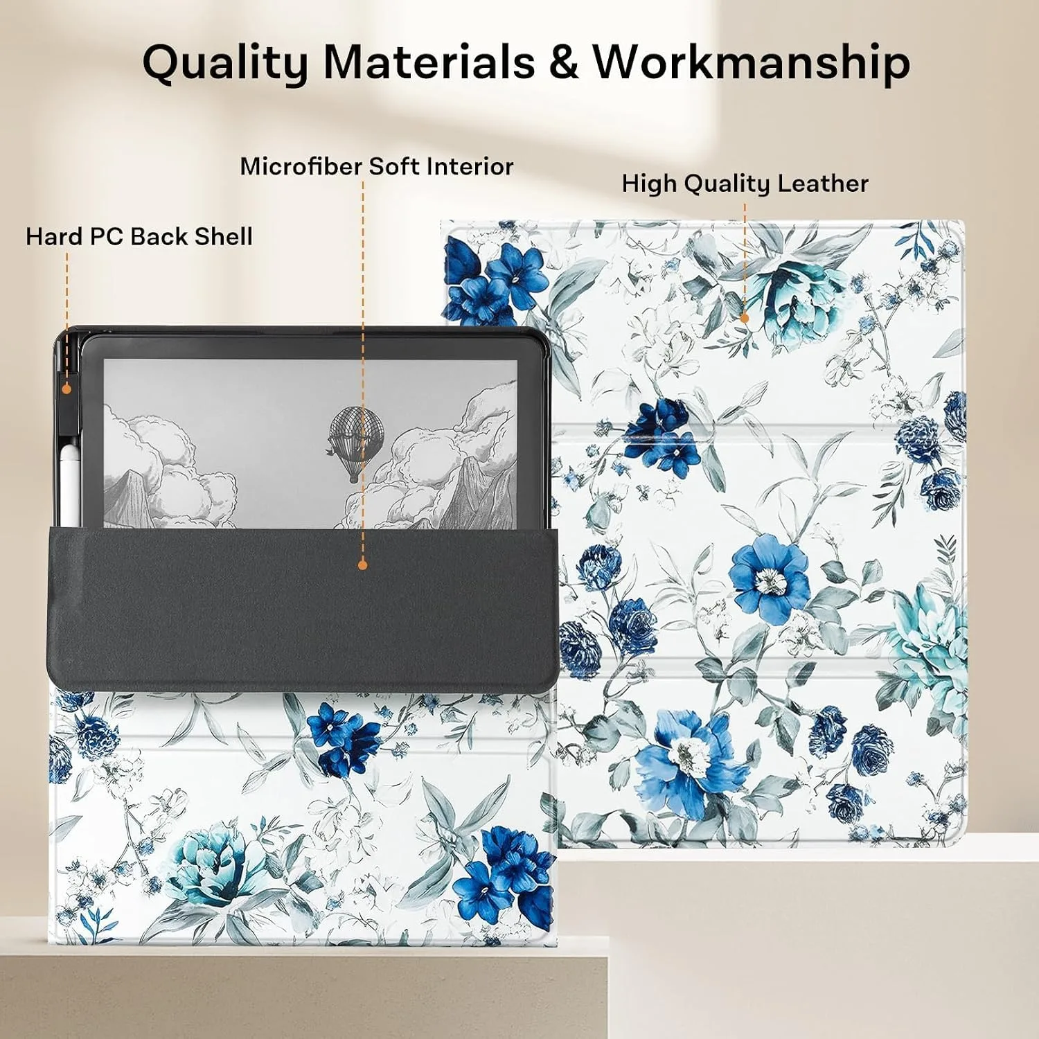 CoBak Case for 11" Kindle Scribe 3rd Generation 2025, Kindle Scribe Colorsoft with Two Viewing Angles - All New PU Leather Cover with Auto Sleep Wake, Pen Holder. Blue Blossom