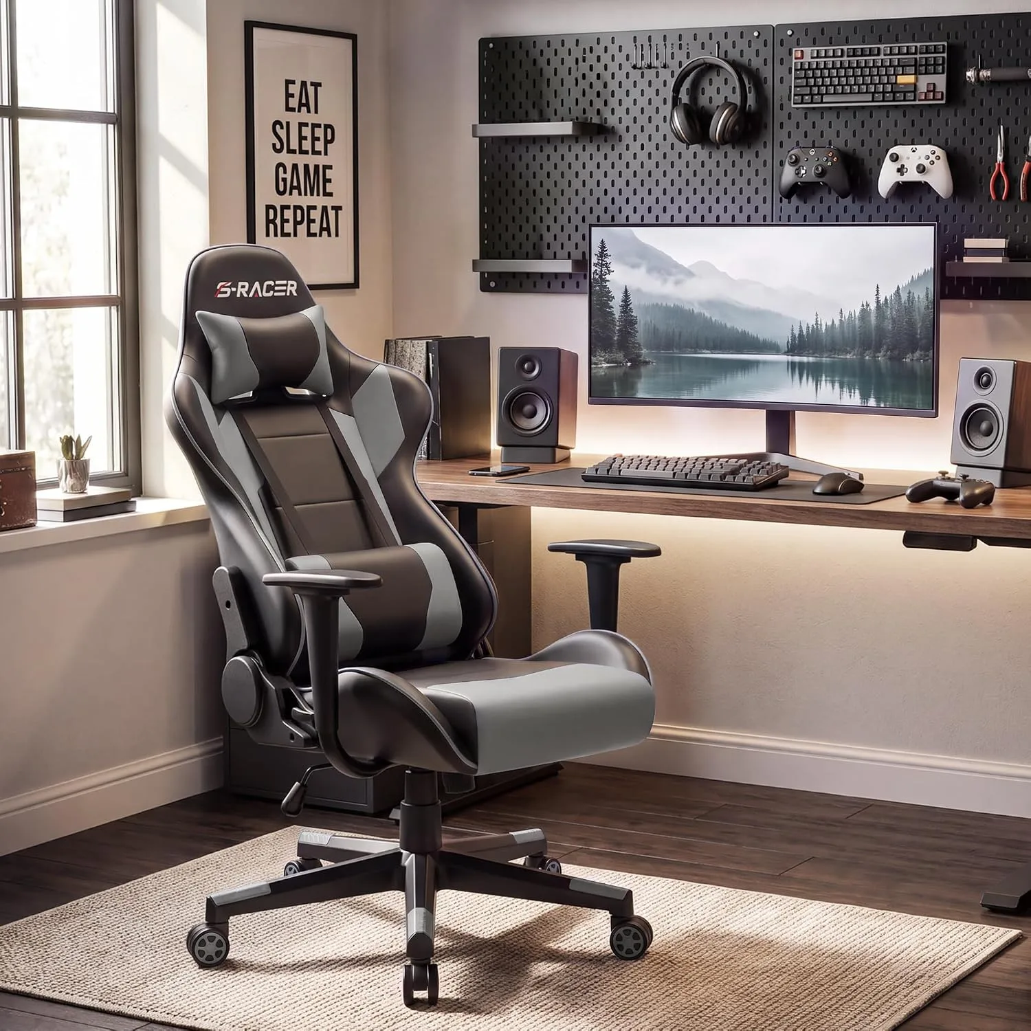 Homall Gaming Chair, Office Chair High Back Computer Chair Leather Desk Chair Racing Executive Ergonomic Adjustable Swivel Task Chair with Headrest and Lumbar Support (Grey)