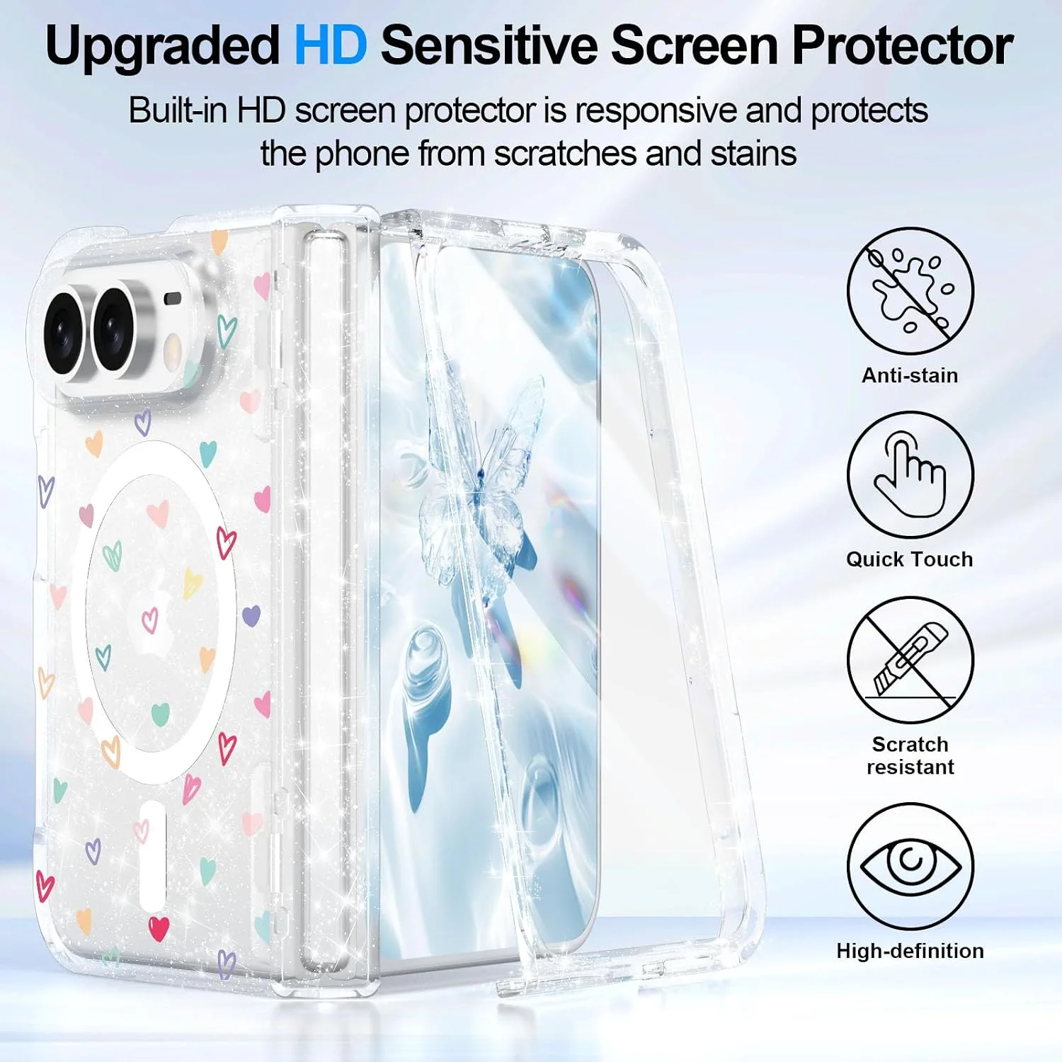 for iPhone Duo Case Clear Glitter Magnetic with Hinge Protection
