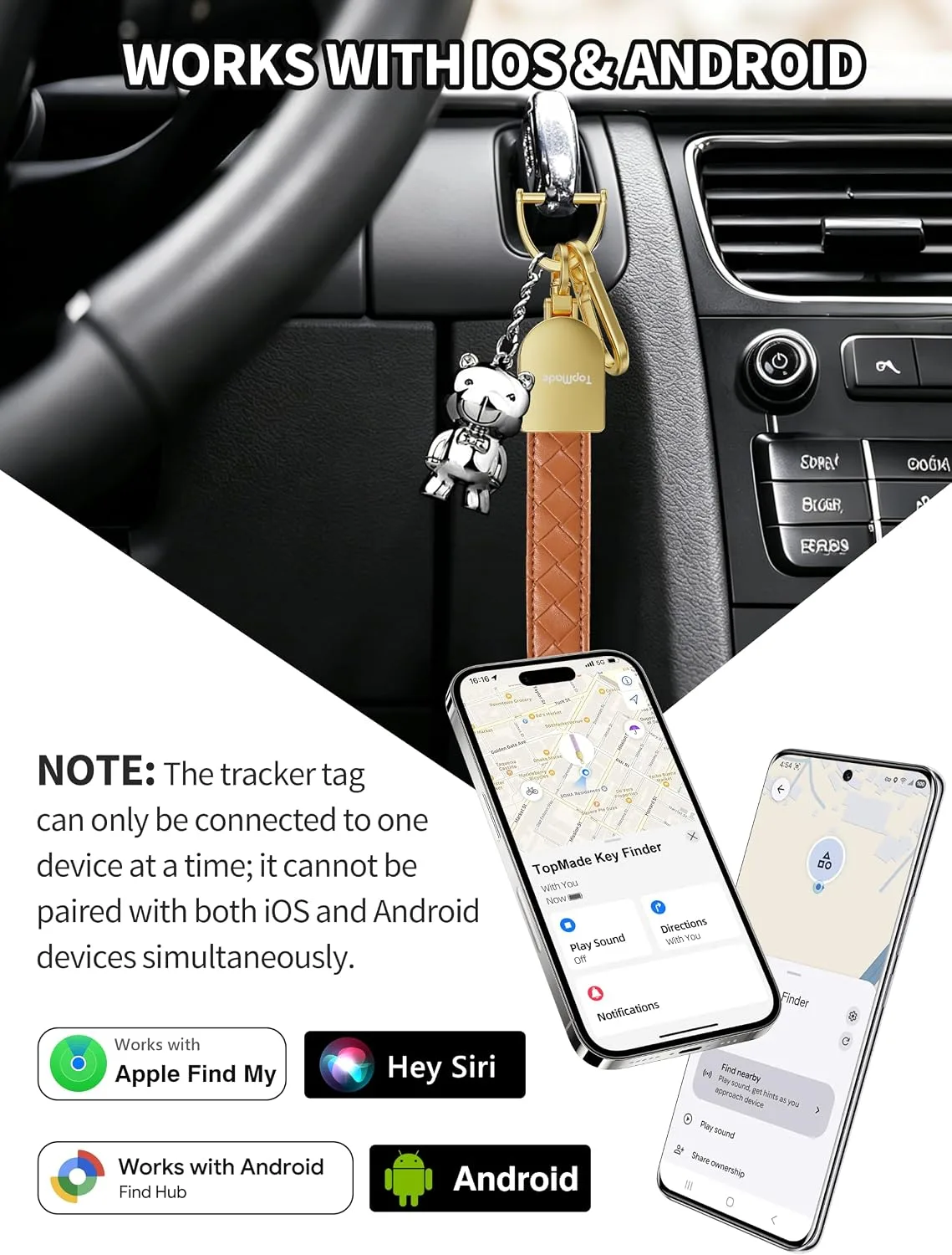 Smart Keychain Tracker (iOS & Android), Car Key Finder, Brown & Gold