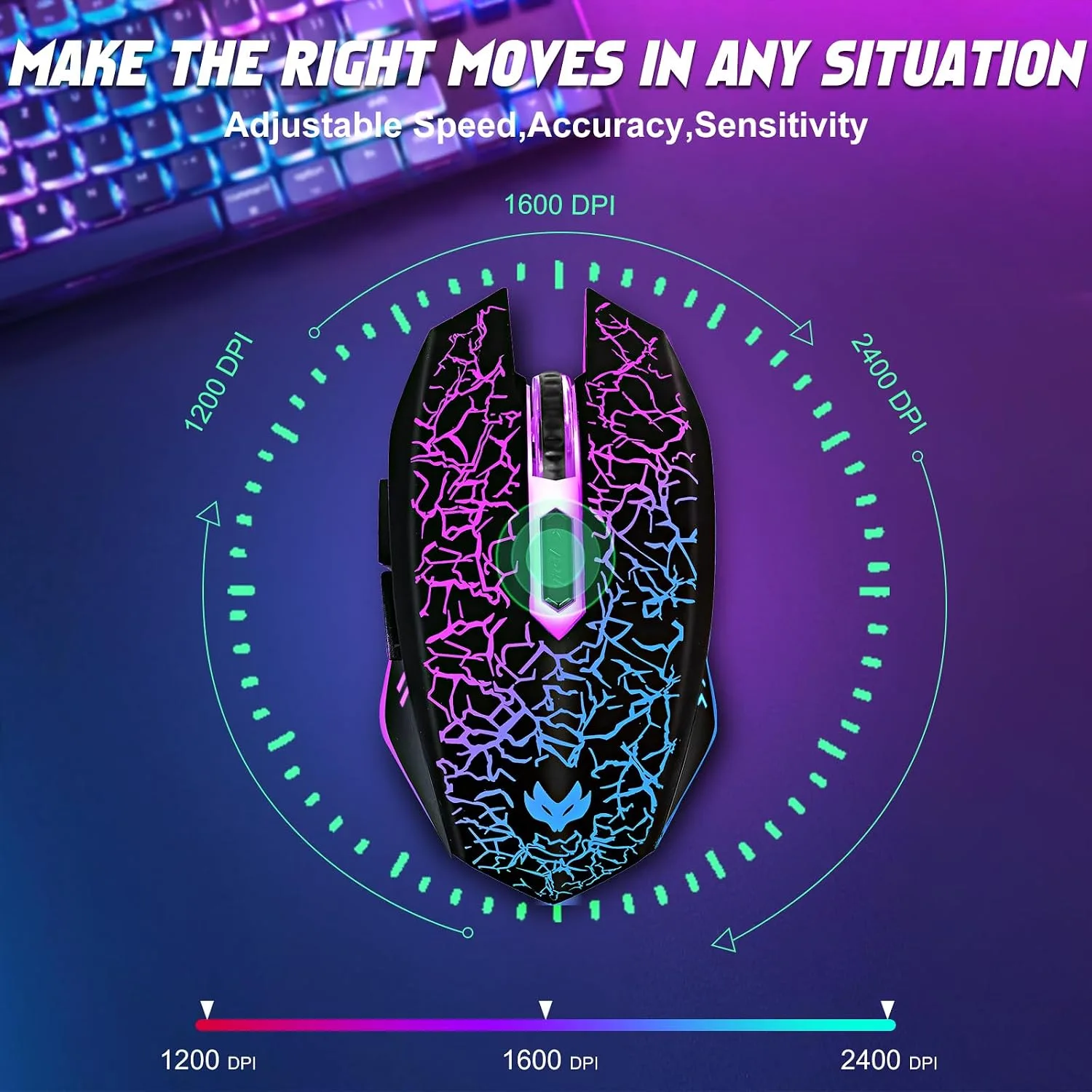 Wireless Gaming Mouse, Rechargeable Wireless Computer Mouse, 7-Color LED Light, Ergonomic Mouse with 6 Silent Click Buttons, 3 Adjustable 2400 DPI Wireless Mouse for Laptop,PC,Mac, Black