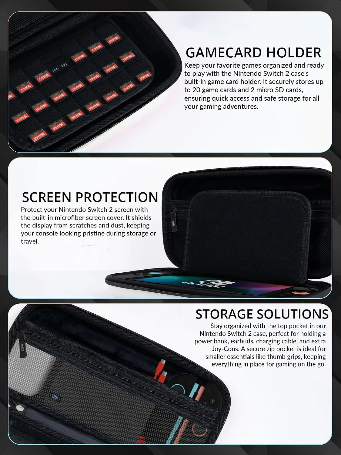 Orzly Case Compatible with Switch 2 – Protective Travel Carry Case with Screen Padding, Game Card & microSD Slots, Zipped & Open Pockets for Accessories – 7.9" Gift Boxed