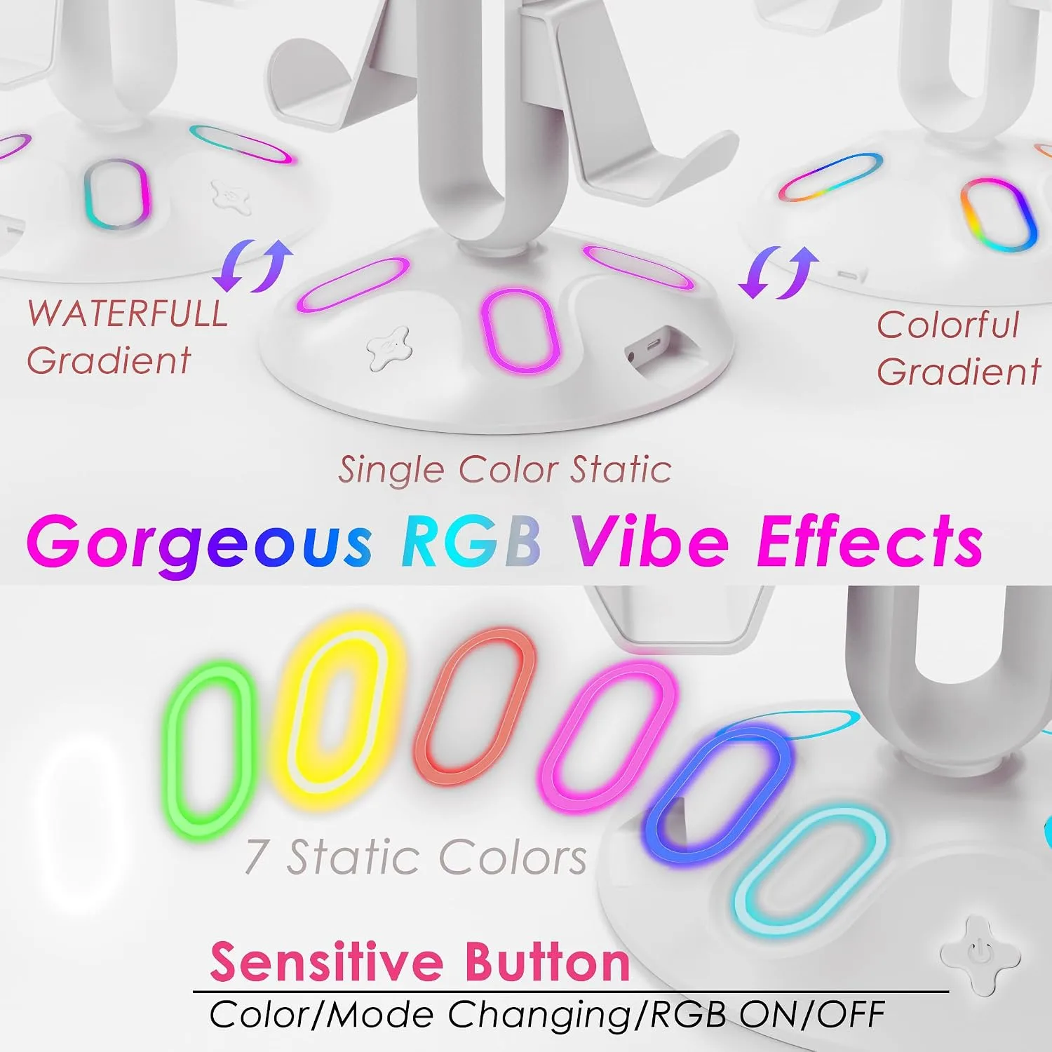 RGB Headphone Stand and Controller Holder With 9 Light Modes - 2 USB Charging Ports, 3.5mm & Type-C - Hanger Accessories for Desk and Gamer (White)