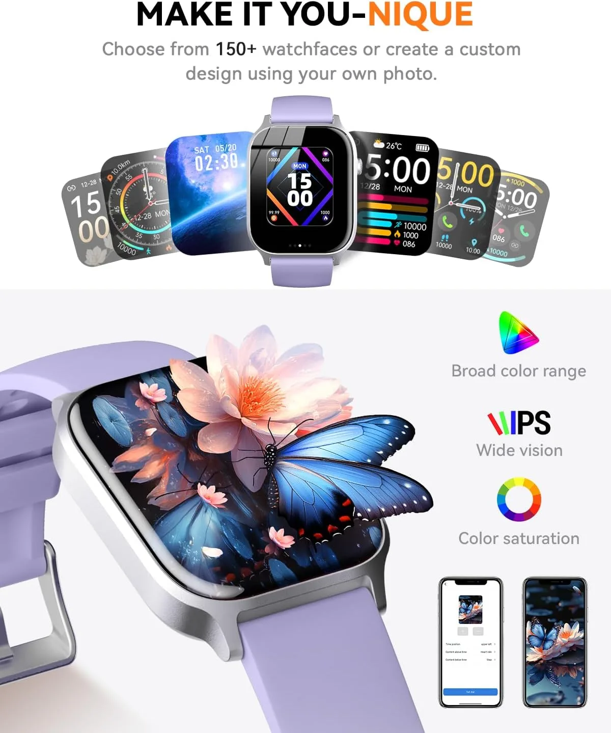 Smart Watches for Women Men, Fitness Tracker Watch with 110 Sports Modes, Step Counter/Sleep Monitor/Pedometer, IP68 Waterproof, Bluetooth Call & Music Control Smartwatch for iPhone/Android,Pueple