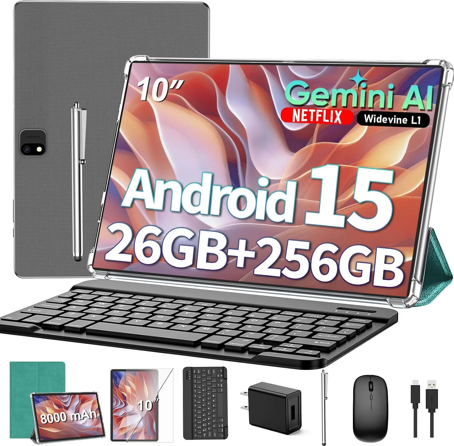 2026 Gemini AI 10 inch Tablet - Android 15 Tablet with Keyboard, Green Case