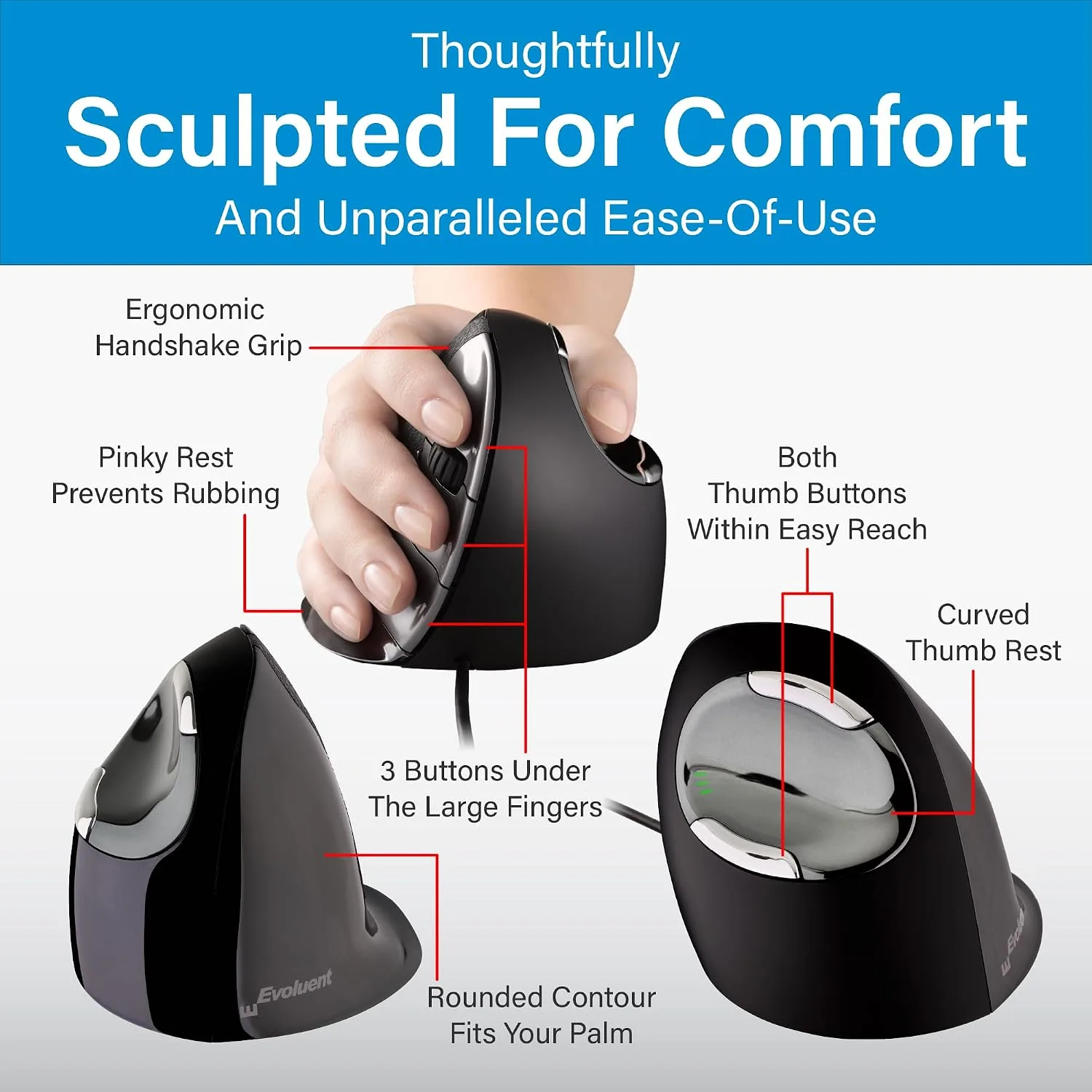 Evoluent – Inventor of The Vertical Mouse – VMDL Ergonomic Vertical Mouse Right Hand Large Wired USB, Sculpted for Comfort, Reduces Wrist Strain, 4 Speeds, 6 Customizable Buttons in Windows