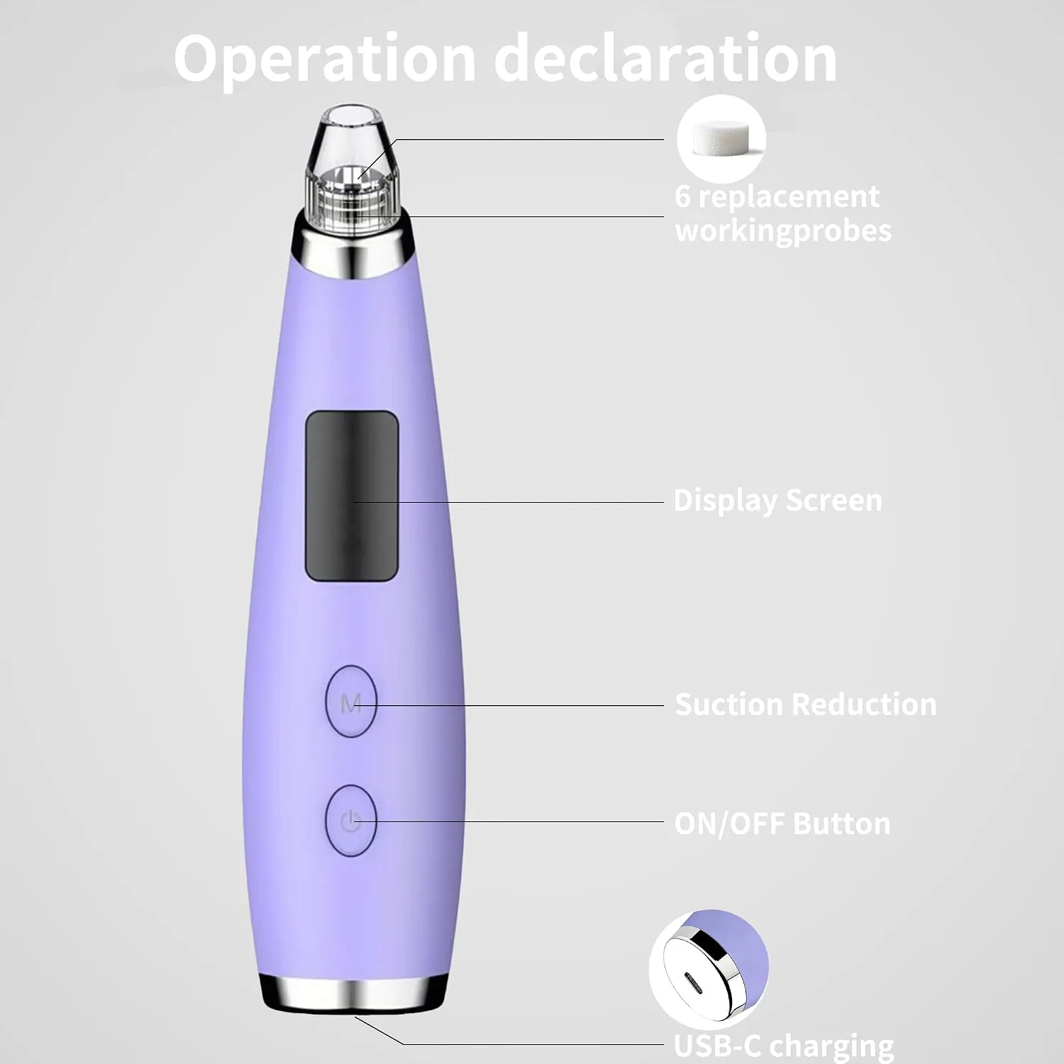 Pore Vacuum for Face & Nose - Blackhead Remover with 3 Adjustable Suction Levels, 6 Interchangeable Probes, USB-C Rechargeable, Portable Pimple Extractor Kit for Whitehead Removal (Purple)