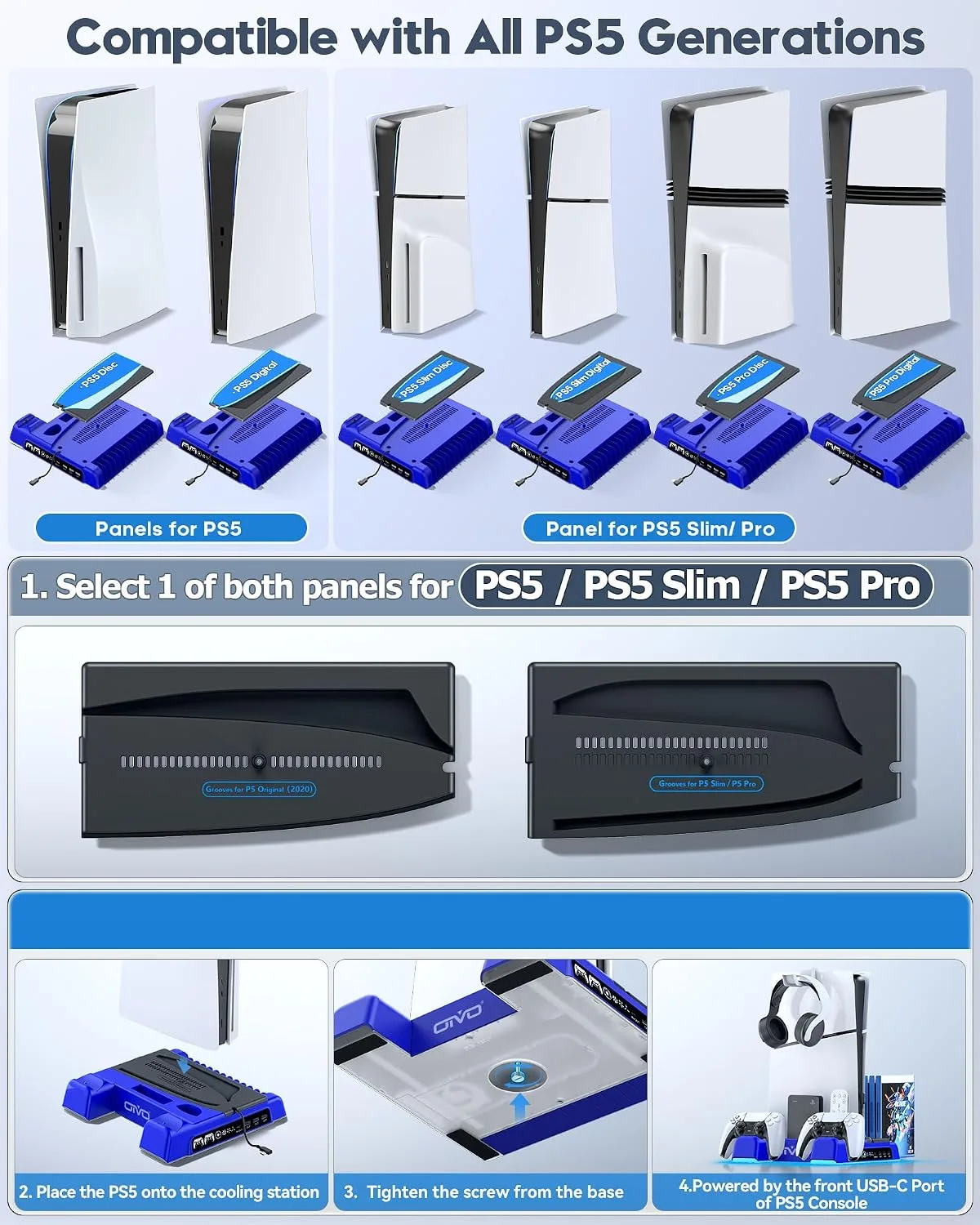 PS5/Slim/Pro Stand and Cooling Station with LED Controller Charging Station for PlayStation 5 Console, Controller Charger, Cooling Stand, PS5/Slim/Pro Skin Accessories Kit with 3 Level Cooler Fan