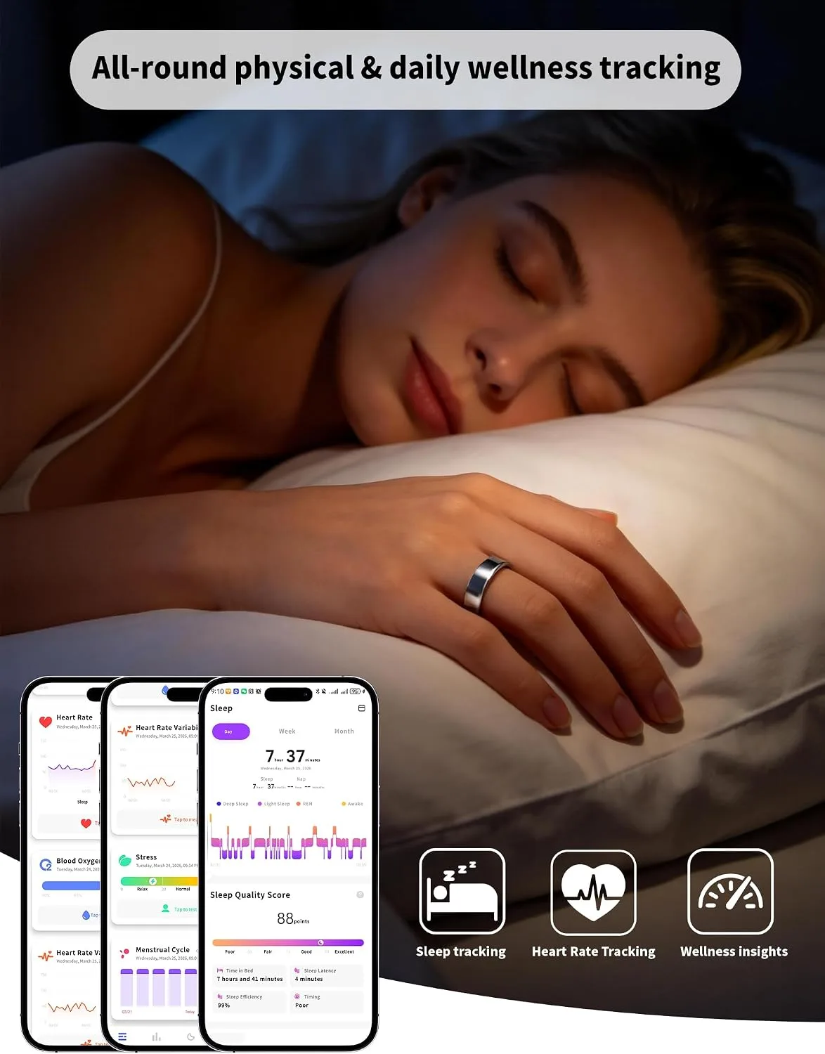 Smart Ring for Women Men Fitness Tracker Heart Rate Sleep Trends 128 Sports Modes Gesture Control Cycle Tracking IP68 Waterproof No Subscription Compatible with iPhone Android (Silver, Size 9)