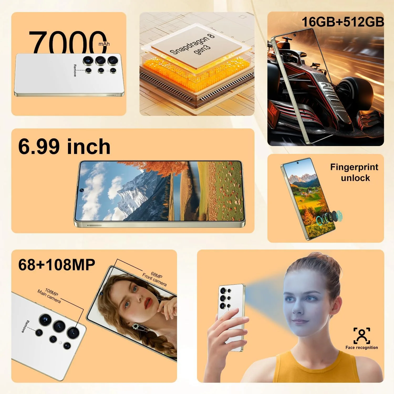 OEJBK I25 Ultra: Powerhouse 16GB/512GB, 2-Day 7000mAh Battery, Huge 6.99" Android 14 Phone w/Built-in Stylus - Your All-in-One Device The Superior Choice (White)