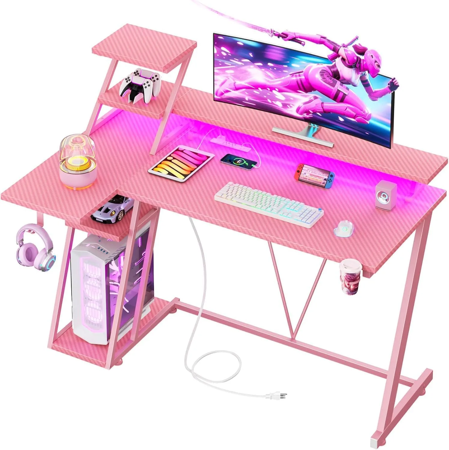 Korfile 40 Inch Gaming Desk with LED & Power Outlet, Carbon Fiber Pink