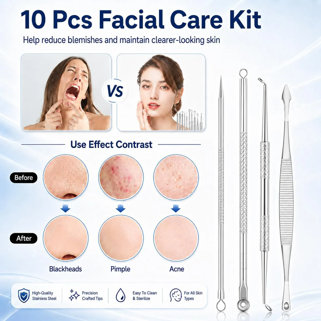 MENOLY Pimple Popper Tool Kit 10 Pcs Blackhead Remover Tool Zit Popper for Blemish, Pimple Comedone Extractor Acne Tool for Blackheads, Acnes, Whiteheads Nose Face with Leather Bag