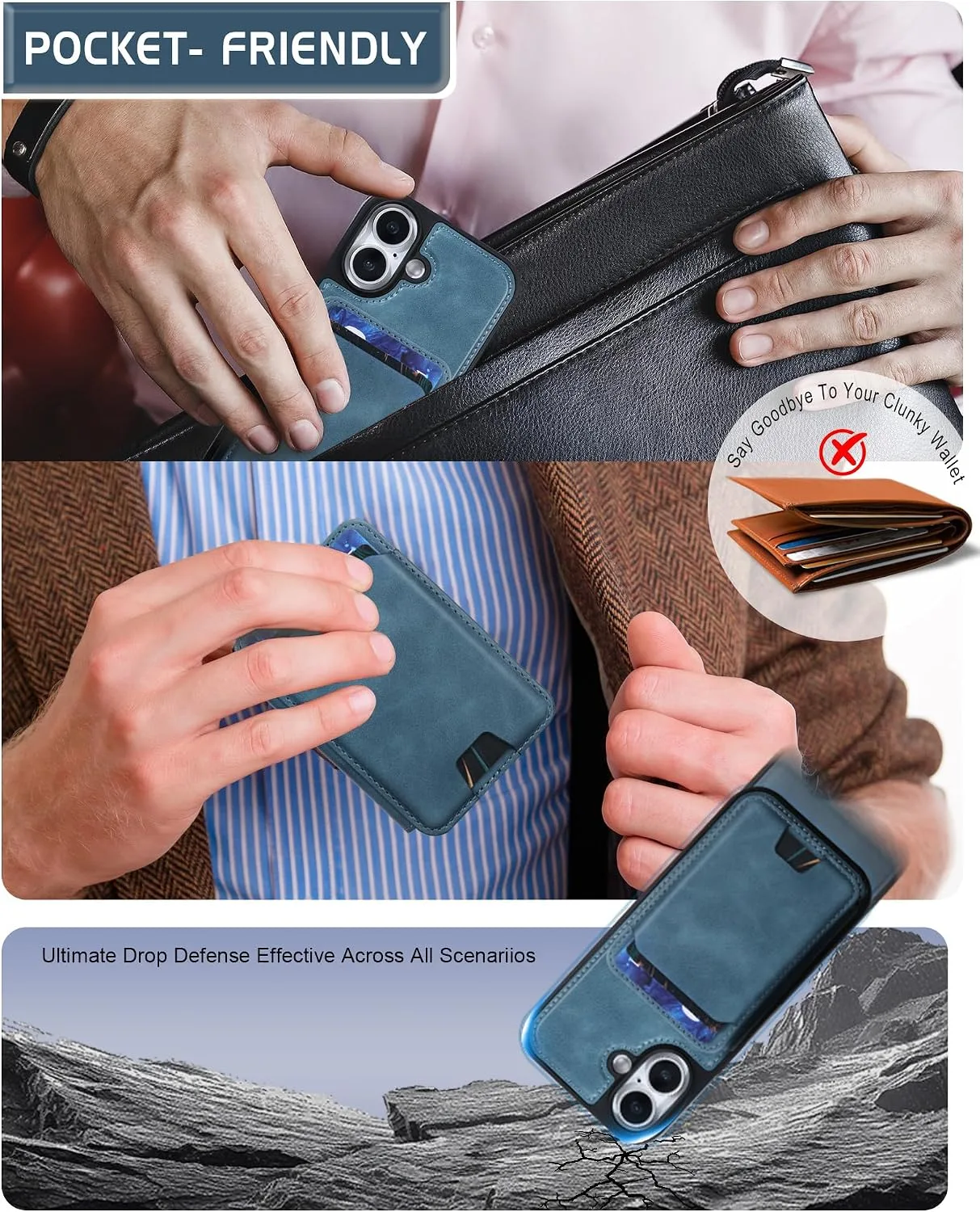 Magnetic Detachable Wallet Case for iPhone 17 with Kickstand,2-in-1 MagSafe Compatible RFID Blocking Card Holder,Slim PU Leather Cover Blue