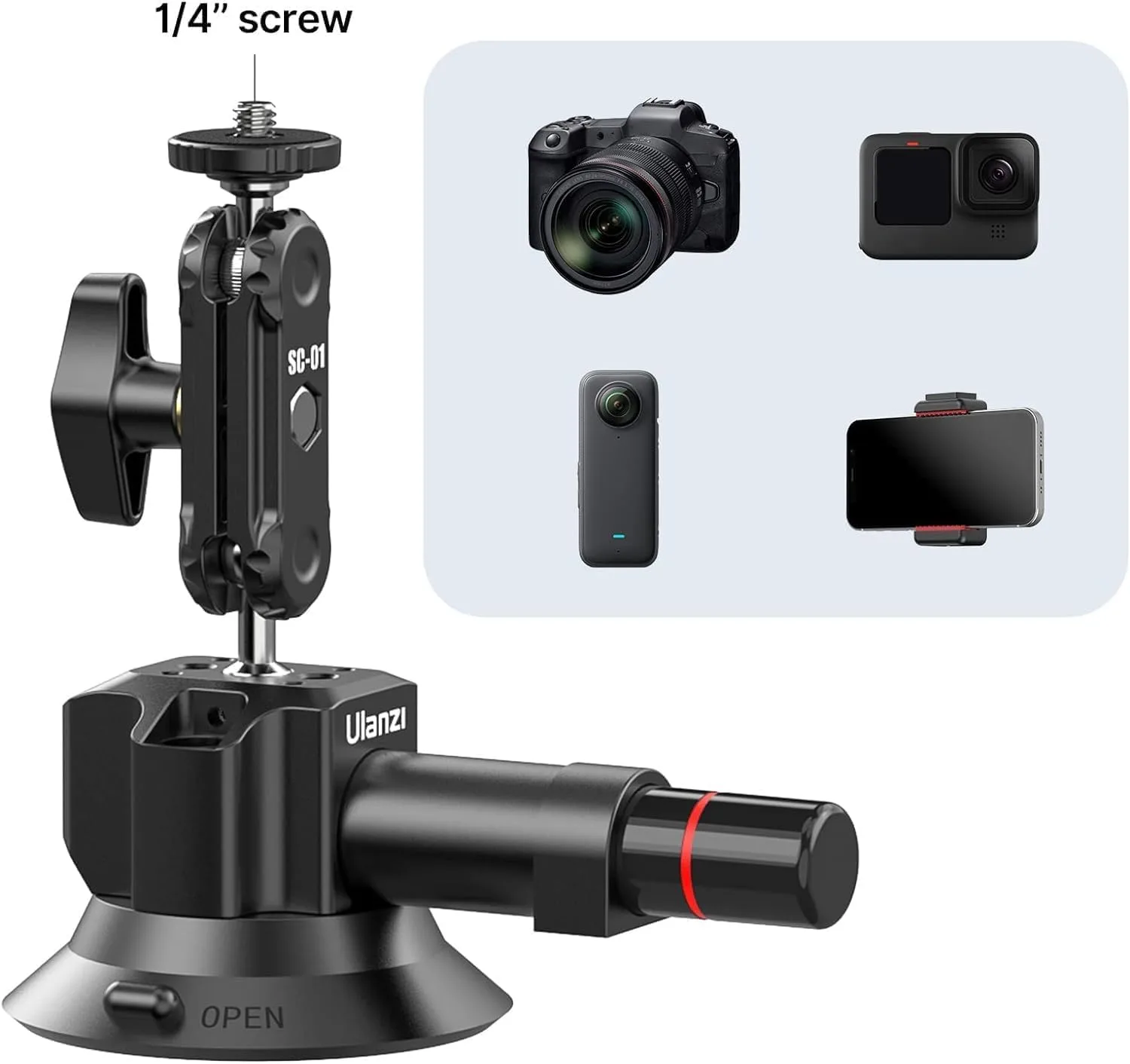 UURig SC-01 Suction Mount 3" for Vlogging Camera Car with Smartphone Clamp