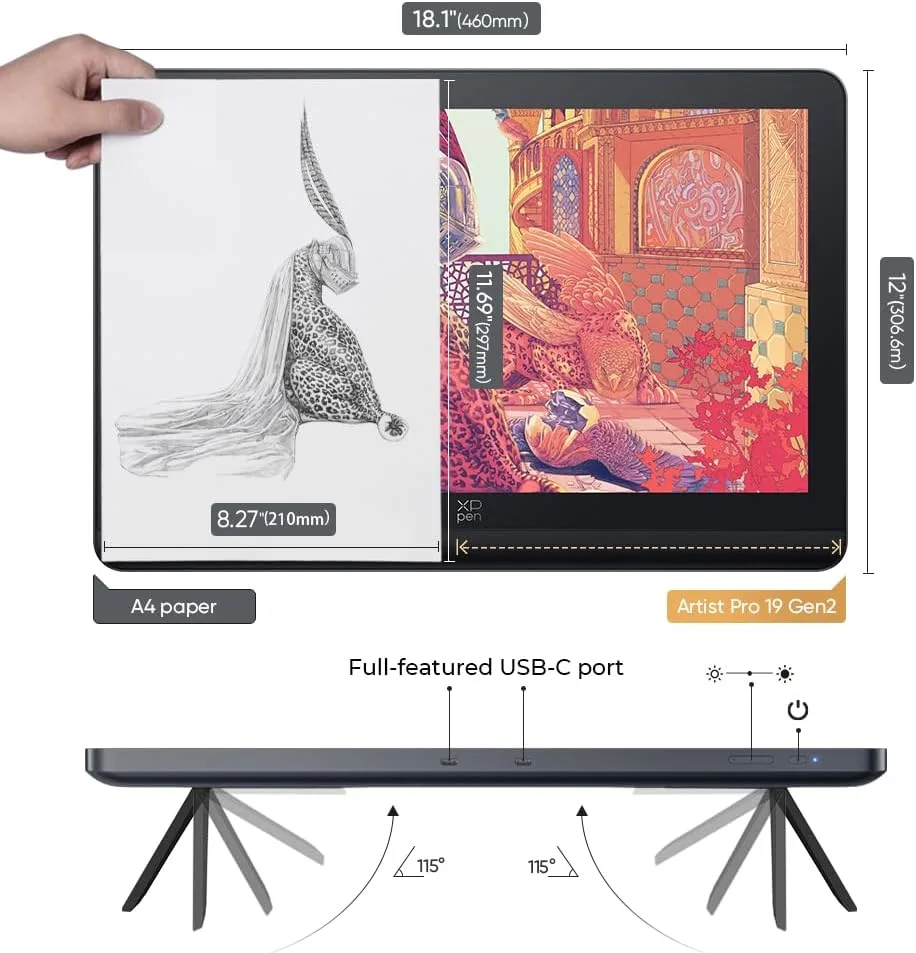XPPen 4K UHD Artist Pro 19 Gen2 Drawing Tablet with Screen, 156% sRGB Graphic Tablet with 1.07 Billion Colors Anti-Glare Drawing Monitor with Dual 16384 Pen Pressure Stylus, Mini Keydial, 18.4"