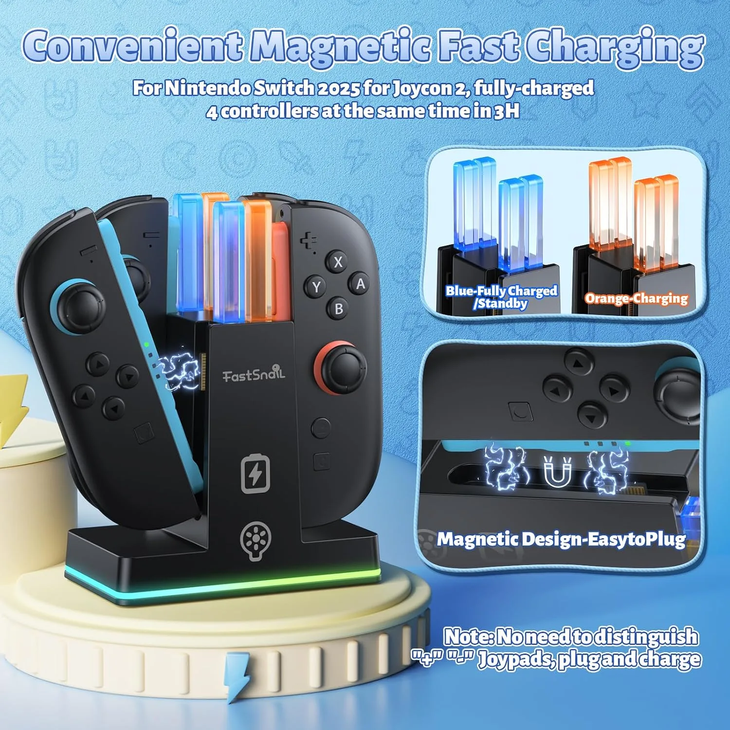 FASTSNAIL Charging Dock for Nintendo Switch 2(2025) for Joy-Con 2, Dual-Direction Magnetic Fast Controller Charger Station with 9 RGB Light & Charging Cable for Joycon 2 Stand Accessories