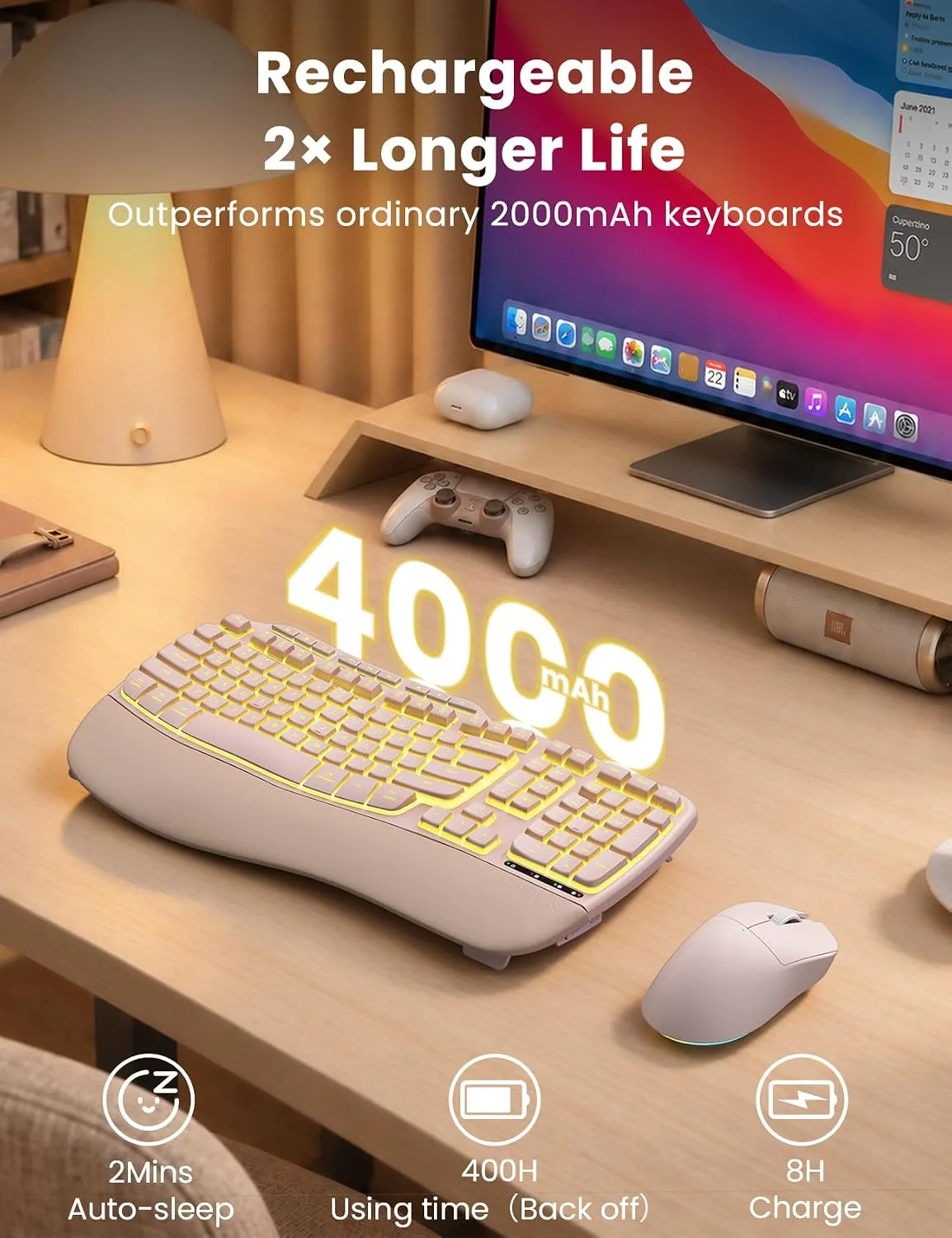 Pink Ergonomic Wireless Keyboard and Mouse Combo, Rechargeable 4000mAh Backlit Keyboard with Soft Faux Lambskin Palm Rest, Wave Keys for Natural Typing, Compatible with Windows/Mac/Chrome OS