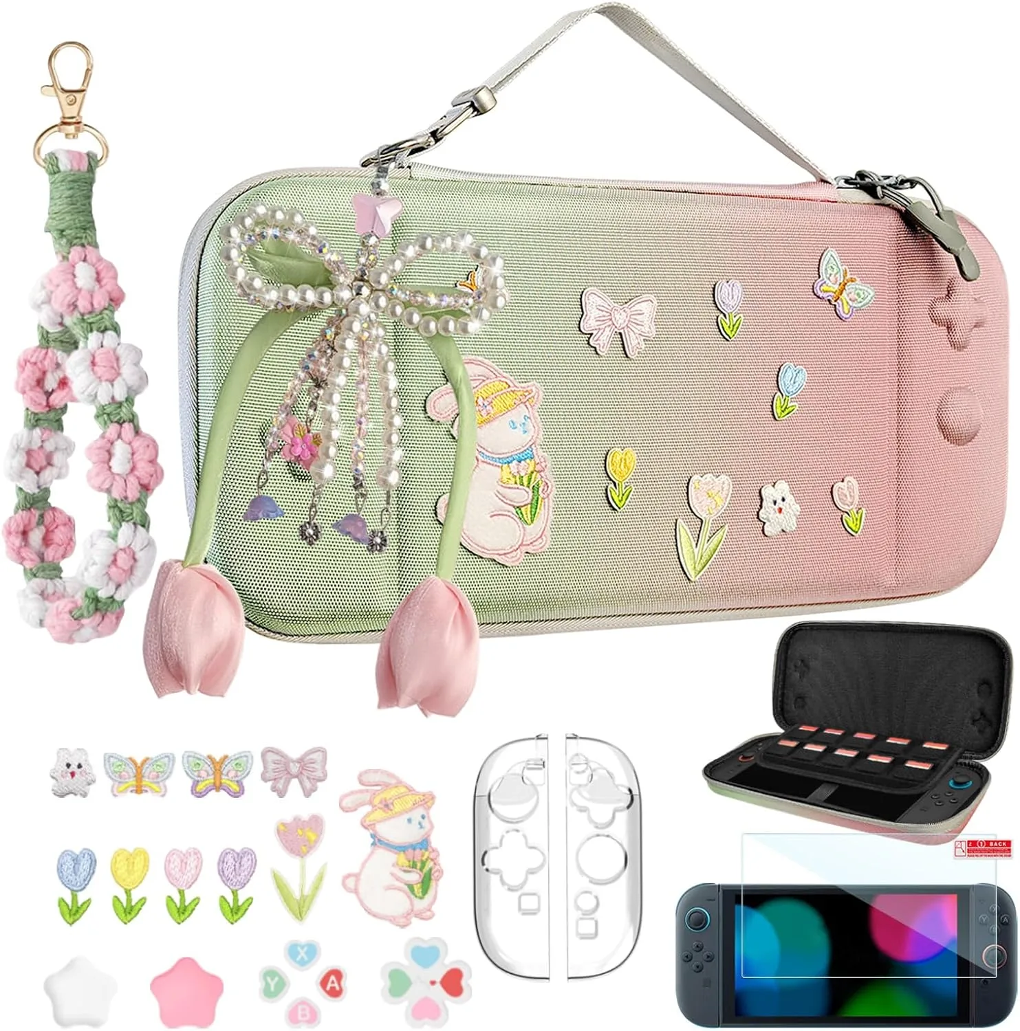 Cute Travel Carrying Case for Switch 2 2025 with Silicone j-con Covers, Thumb Grip Caps, Screen Protector, Flower Strap, Charms and Embroidery stickers for Girls Women, Pink Green