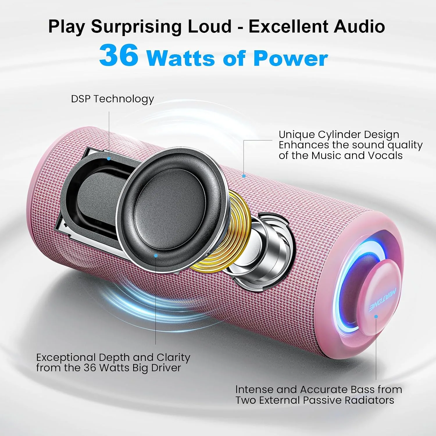 MIATONE Bluetooth Speaker 36W Stereo Sound Bass Present Woman Gifts - Pink