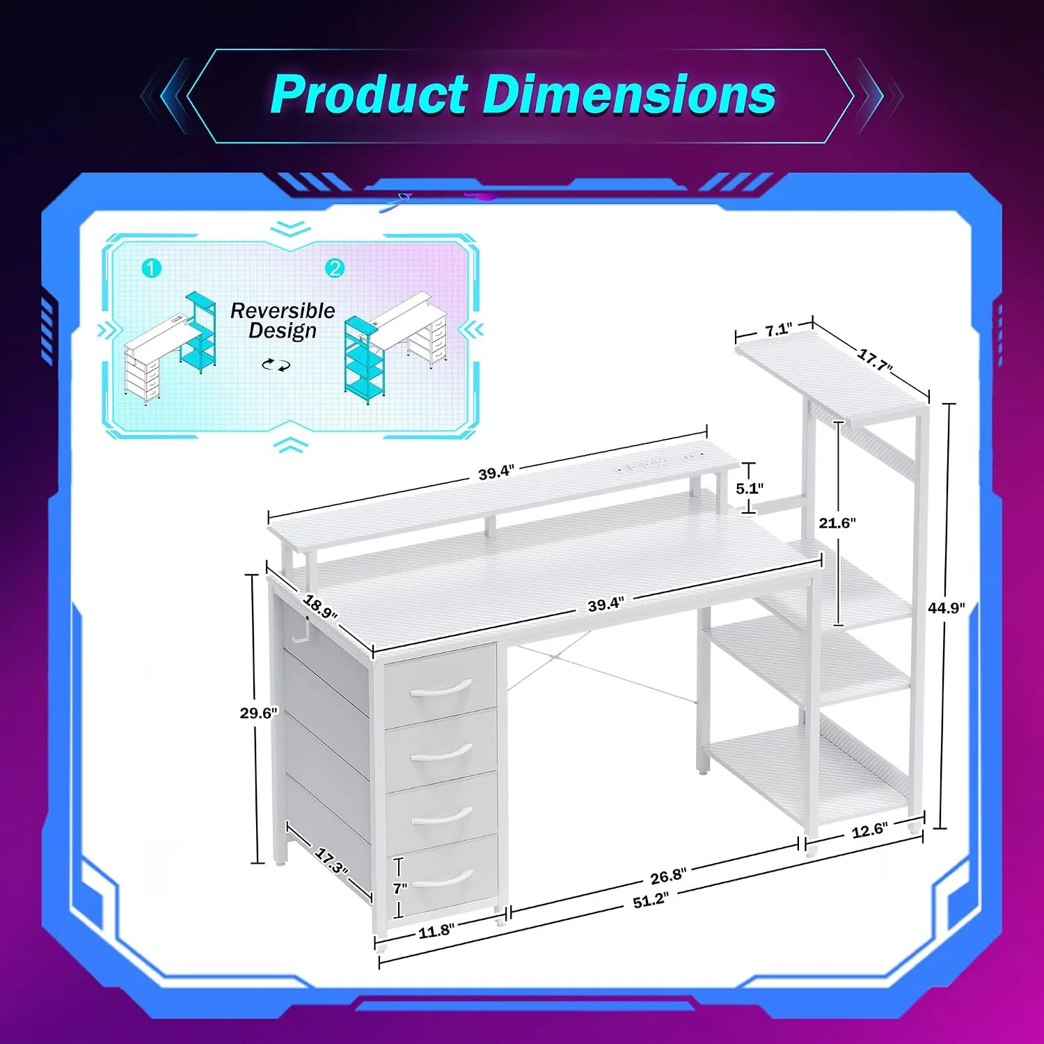 51 Inch Gaming Desk with Drawers & PC Tower Stand & LED Lights, White