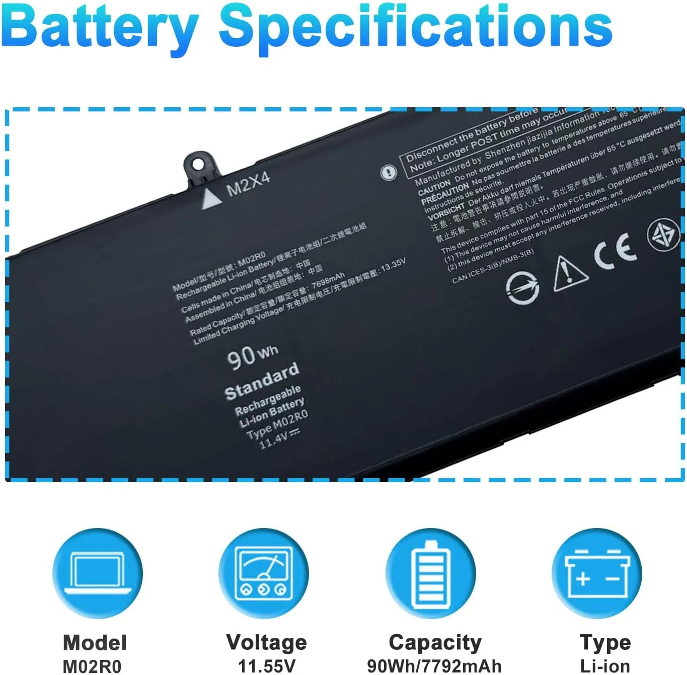 90Wh M02R0 Laptop Battery Replacement for Dell Alienware x16 R1 R2 Series P120F P120F007 P120F008 M02R0 MO2R0 HP26N 0MRWR6 11.55V 7792mAh 6-Cell
