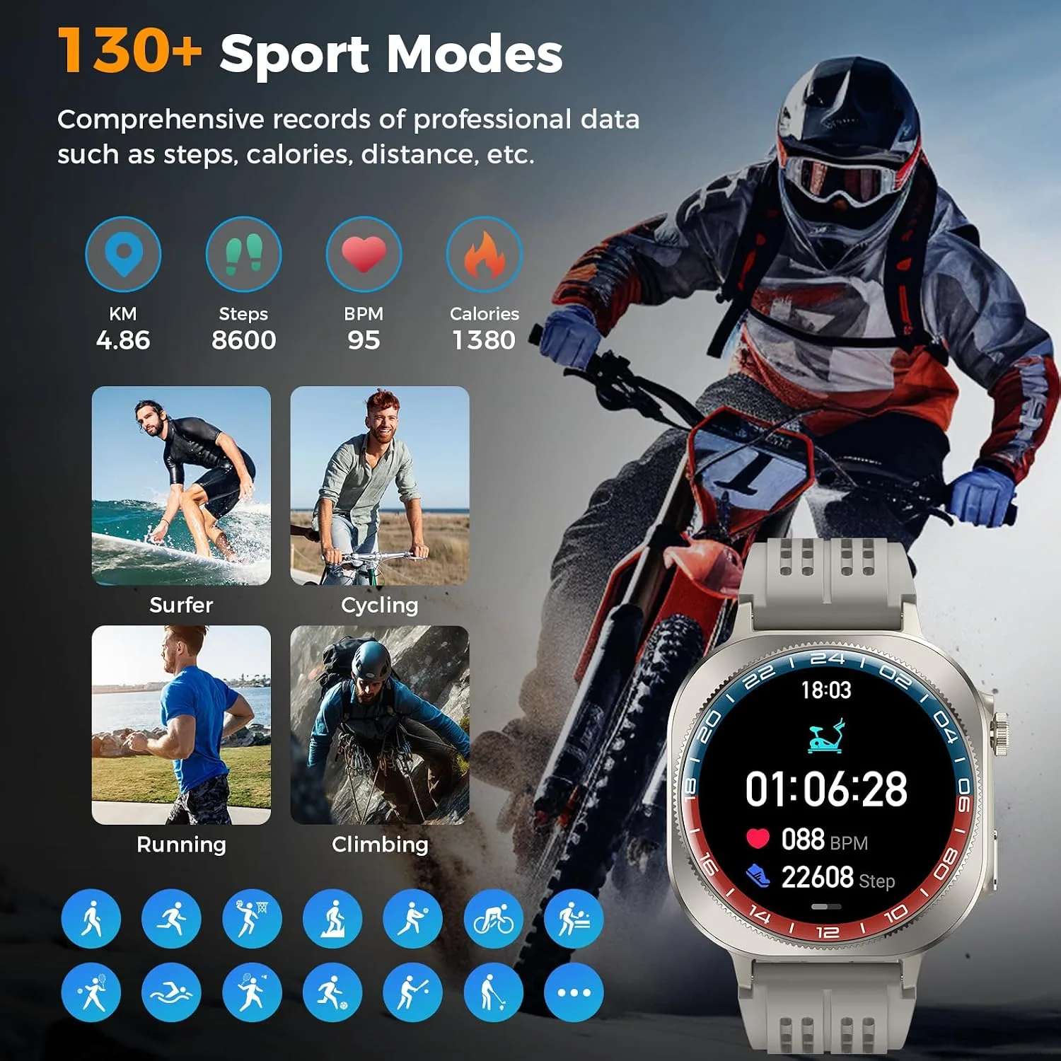 Smart Watch, 1.43" Bluetooth 5.4 Call Military Smartwatch for Men Women, 130+ Sports Modes, 60+Days Flashlight, 24/7 Heart Rate/Sleep Monitor, IP68 Waterproof Fitness Watch Tracker for Android iOS